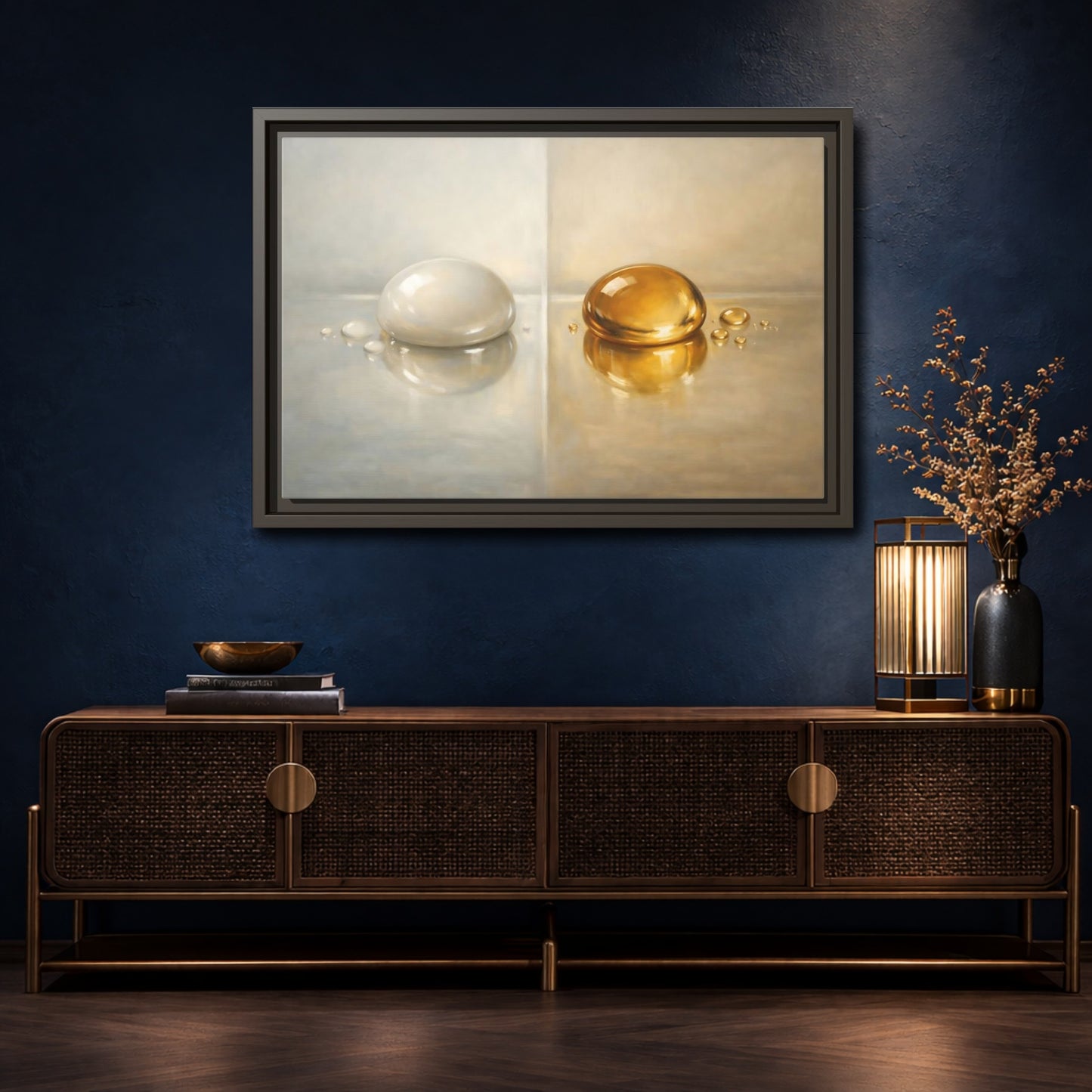 Mockup 4. Abstract Reflective Domes Gold Silver Abstract shown as stretched canvas wall art
