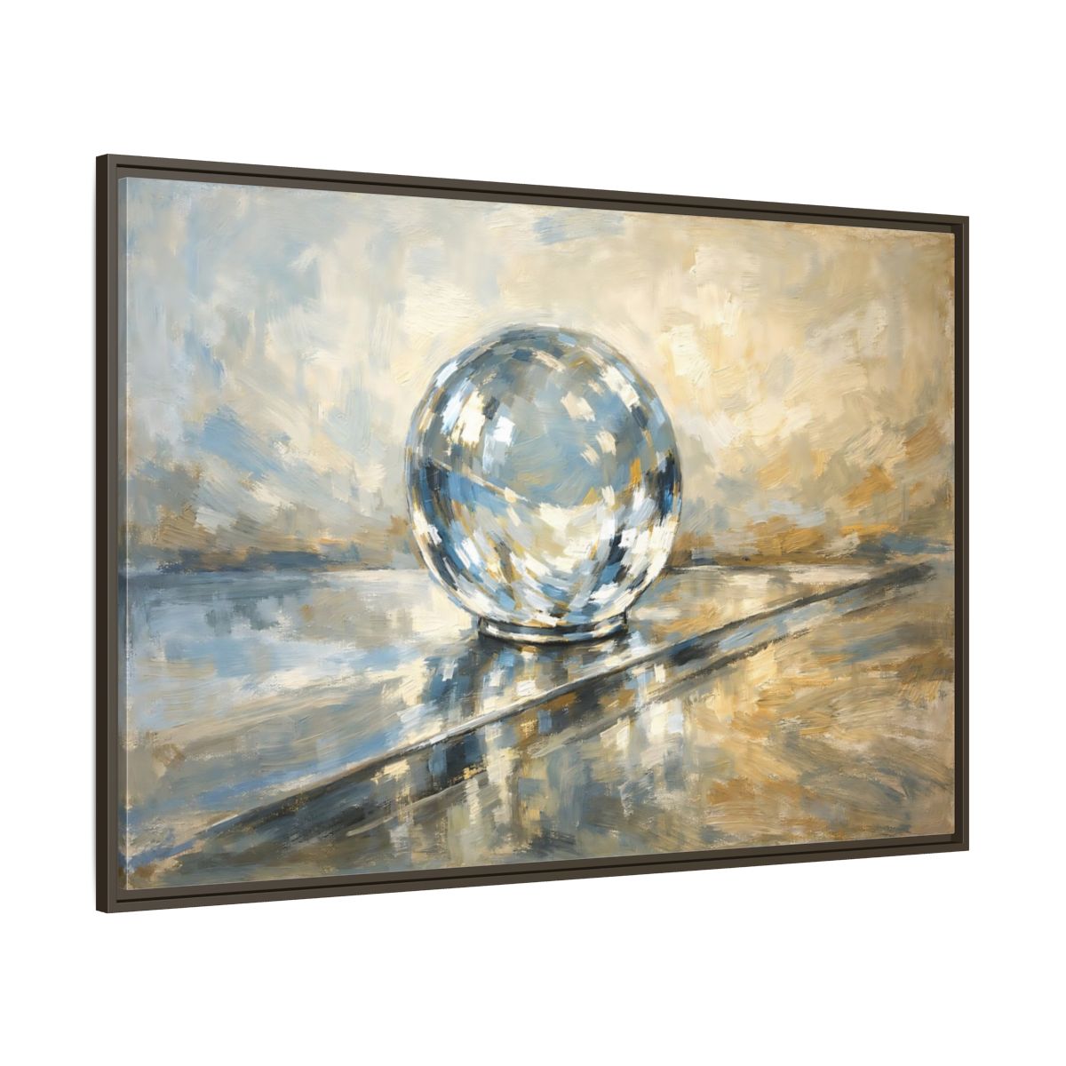 Main Mockup. Abstract Reflective Sphere Blue Gold Abstract Sphere shown as stretched canvas wall art