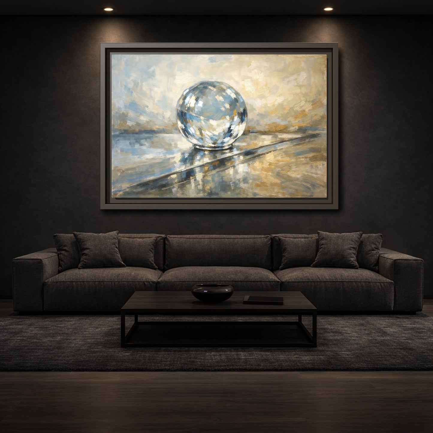 Mockup 2. Abstract Reflective Sphere Blue Gold Abstract Sphere shown as stretched canvas wall art