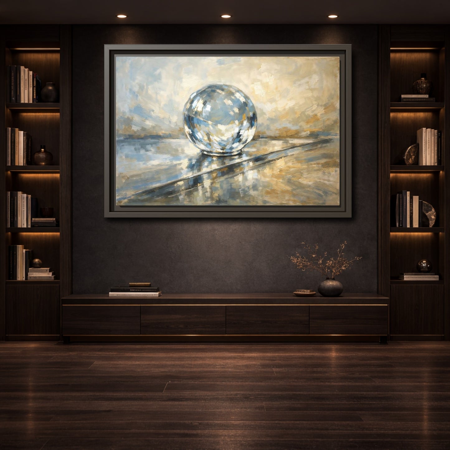Mockup 3. Abstract Reflective Sphere Blue Gold Abstract Sphere shown as stretched canvas wall art