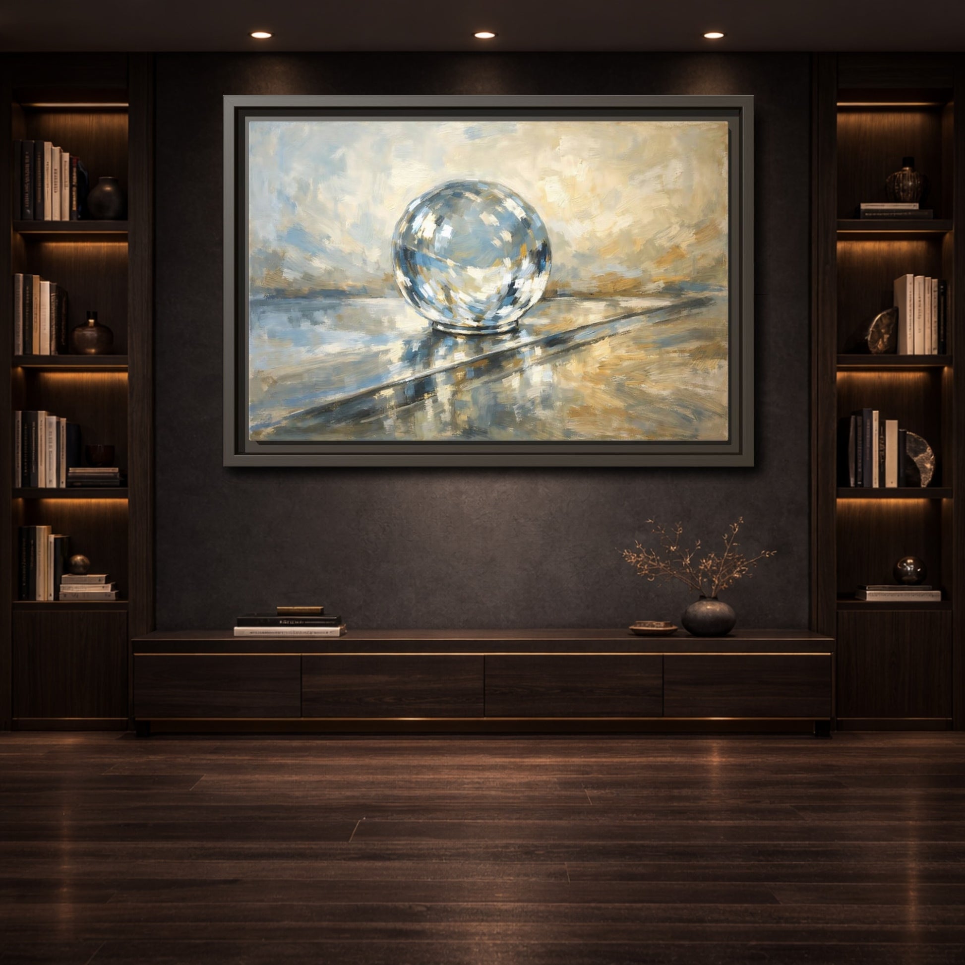 Mockup 3. Abstract Reflective Sphere Blue Gold Abstract Sphere shown as stretched canvas wall art