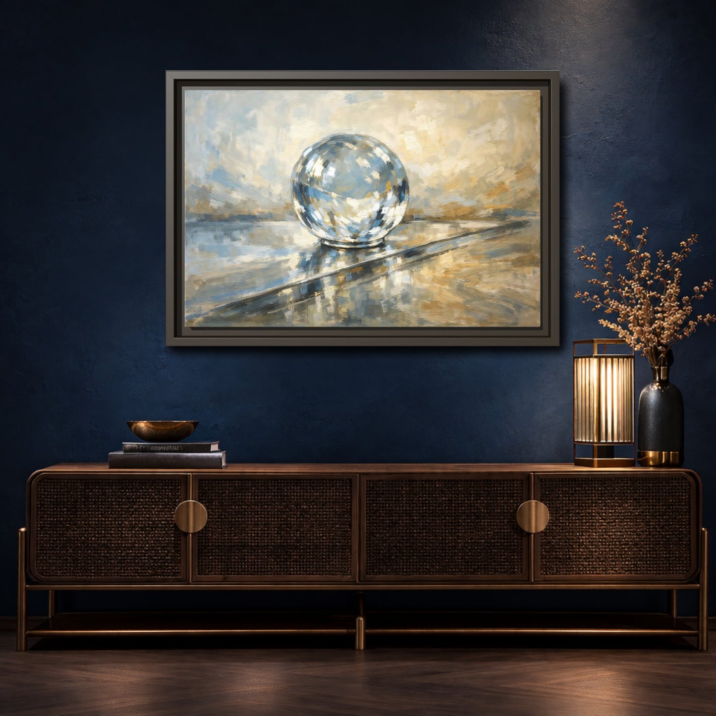Mockup 4. Abstract Reflective Sphere Blue Gold Abstract Sphere shown as stretched canvas wall art