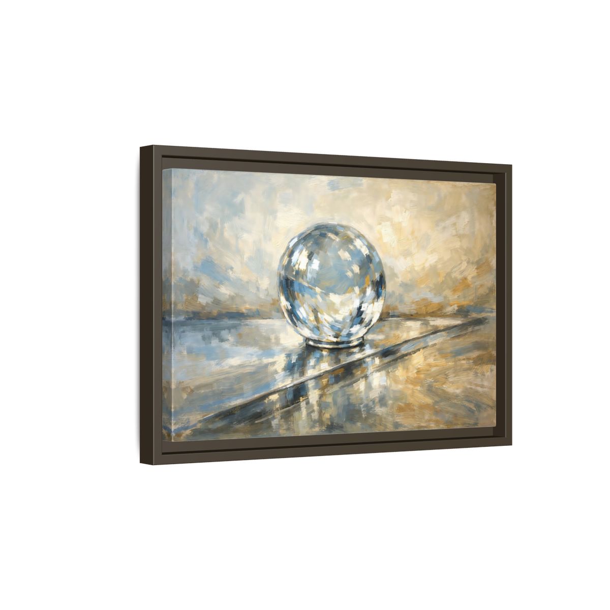 Side Mockup 5. Abstract Reflective Sphere Blue Gold Abstract Sphere shown as stretched canvas wall art