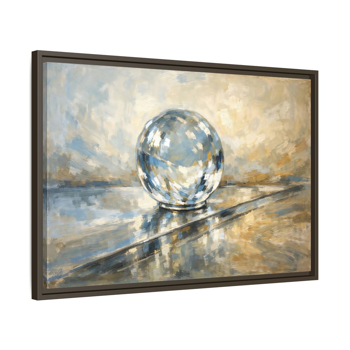 Side Mockup 11. Abstract Reflective Sphere Blue Gold Abstract Sphere shown as stretched canvas wall art