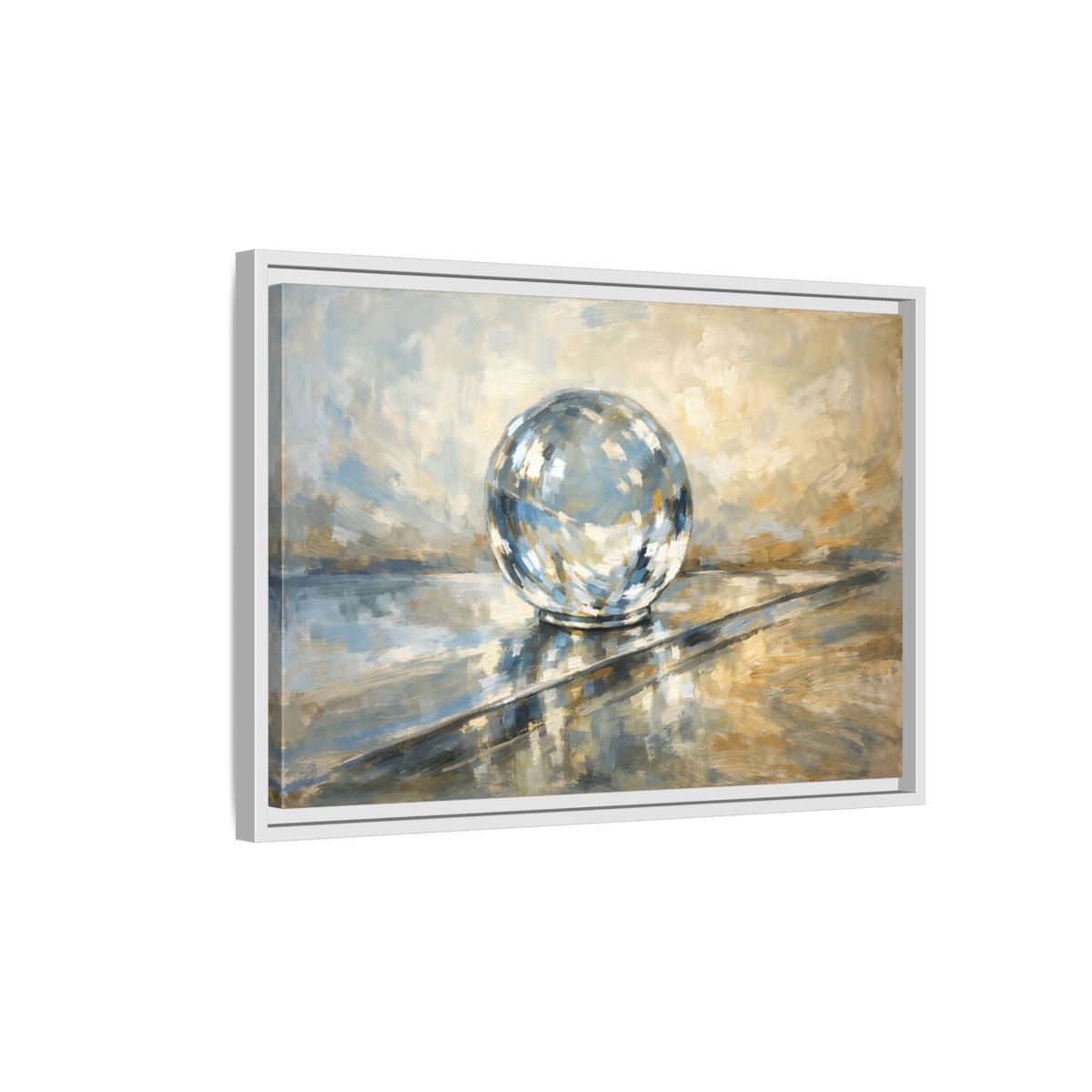 Side Mockup 1. Abstract Reflective Sphere Blue Gold Abstract Sphere shown as stretched canvas wall art