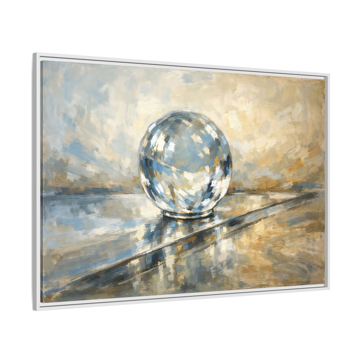 Side Mockup 7. Abstract Reflective Sphere Blue Gold Abstract Sphere shown as stretched canvas wall art