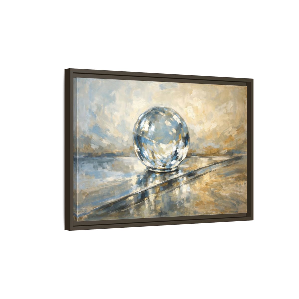 Side Mockup 2. Abstract Reflective Sphere Blue Gold Abstract Sphere shown as stretched canvas wall art