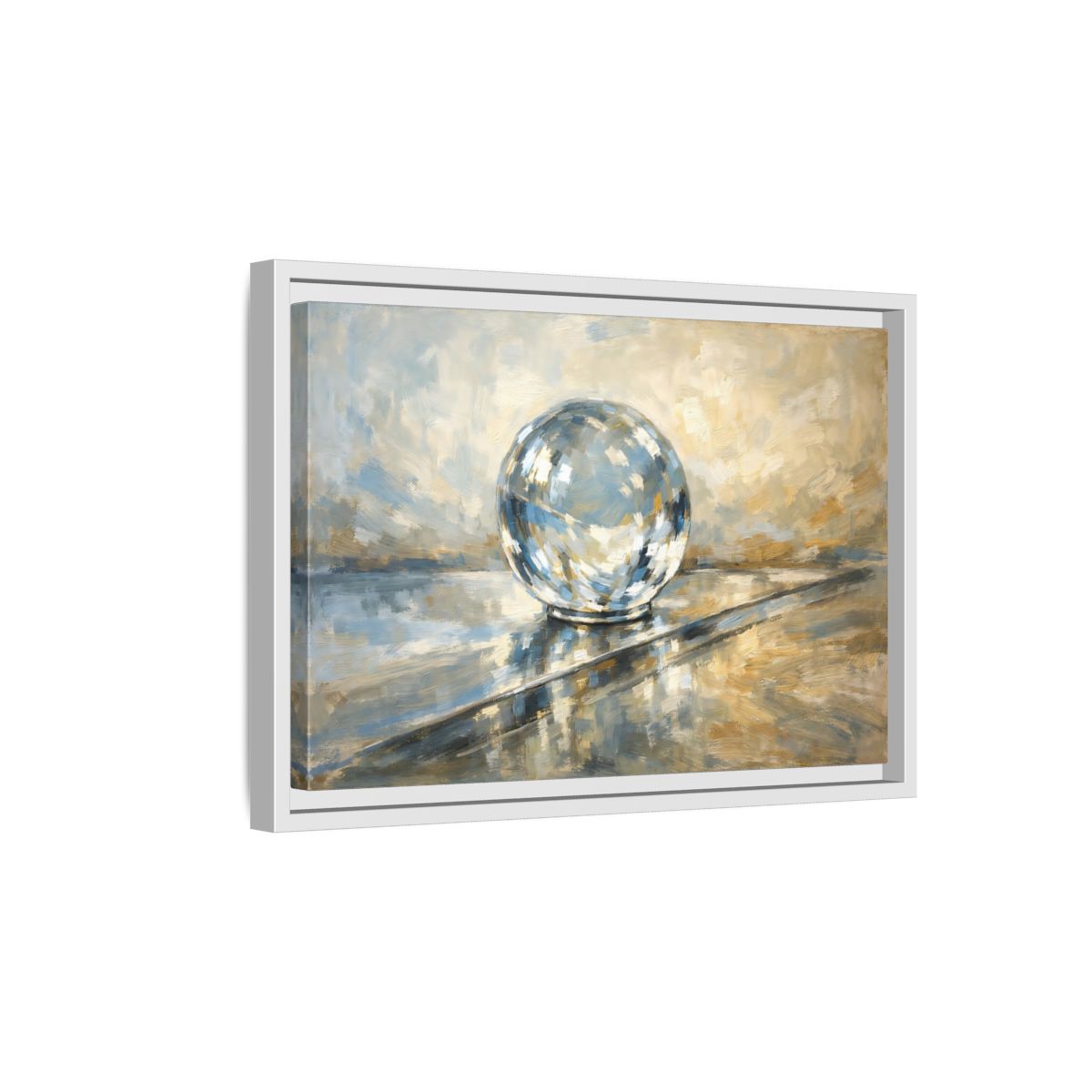 Side Mockup 4. Abstract Reflective Sphere Blue Gold Abstract Sphere shown as stretched canvas wall art