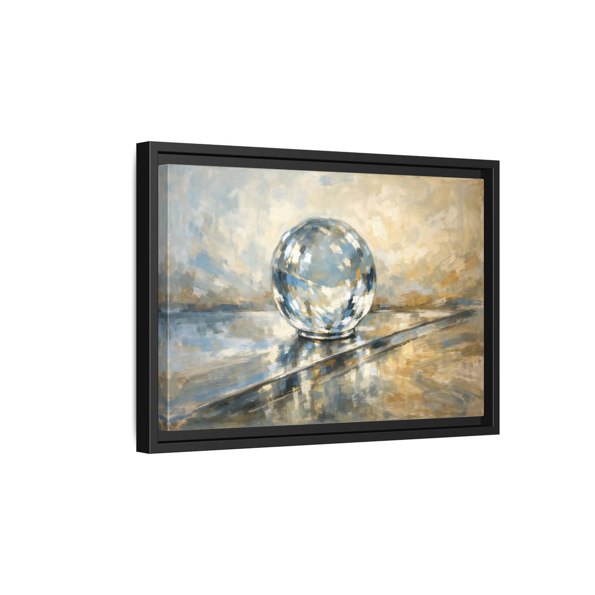 Side Mockup 6. Abstract Reflective Sphere Blue Gold Abstract Sphere shown as stretched canvas wall art