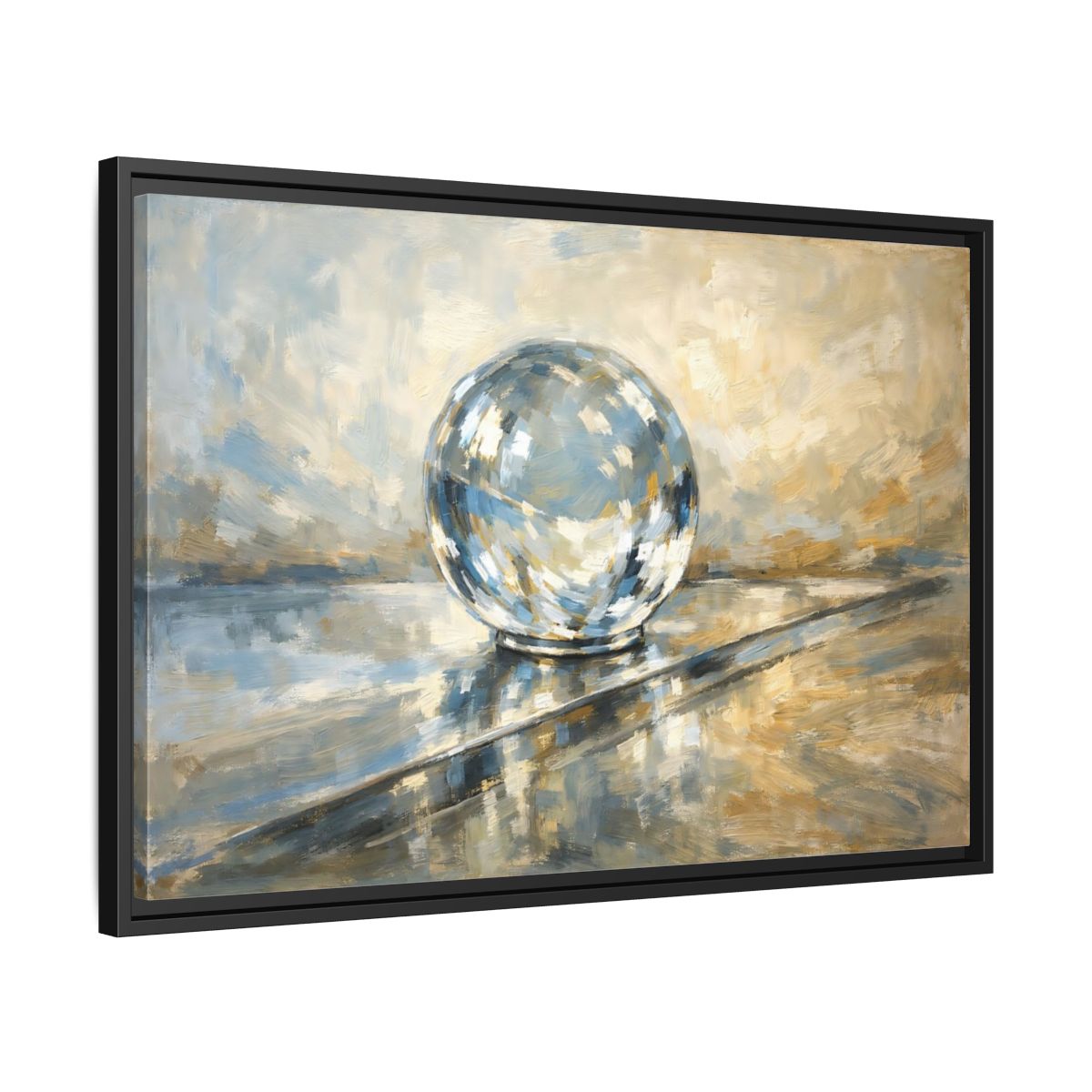 Side Mockup 14. Abstract Reflective Sphere Blue Gold Abstract Sphere shown as stretched canvas wall art