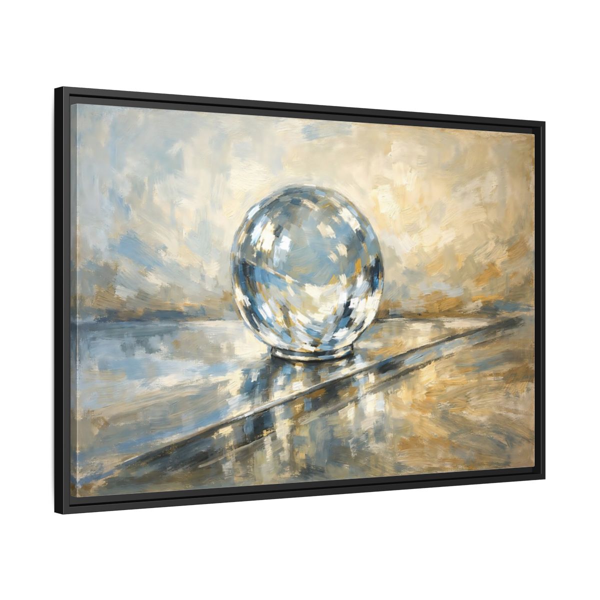 Side Mockup 13. Abstract Reflective Sphere Blue Gold Abstract Sphere shown as stretched canvas wall art