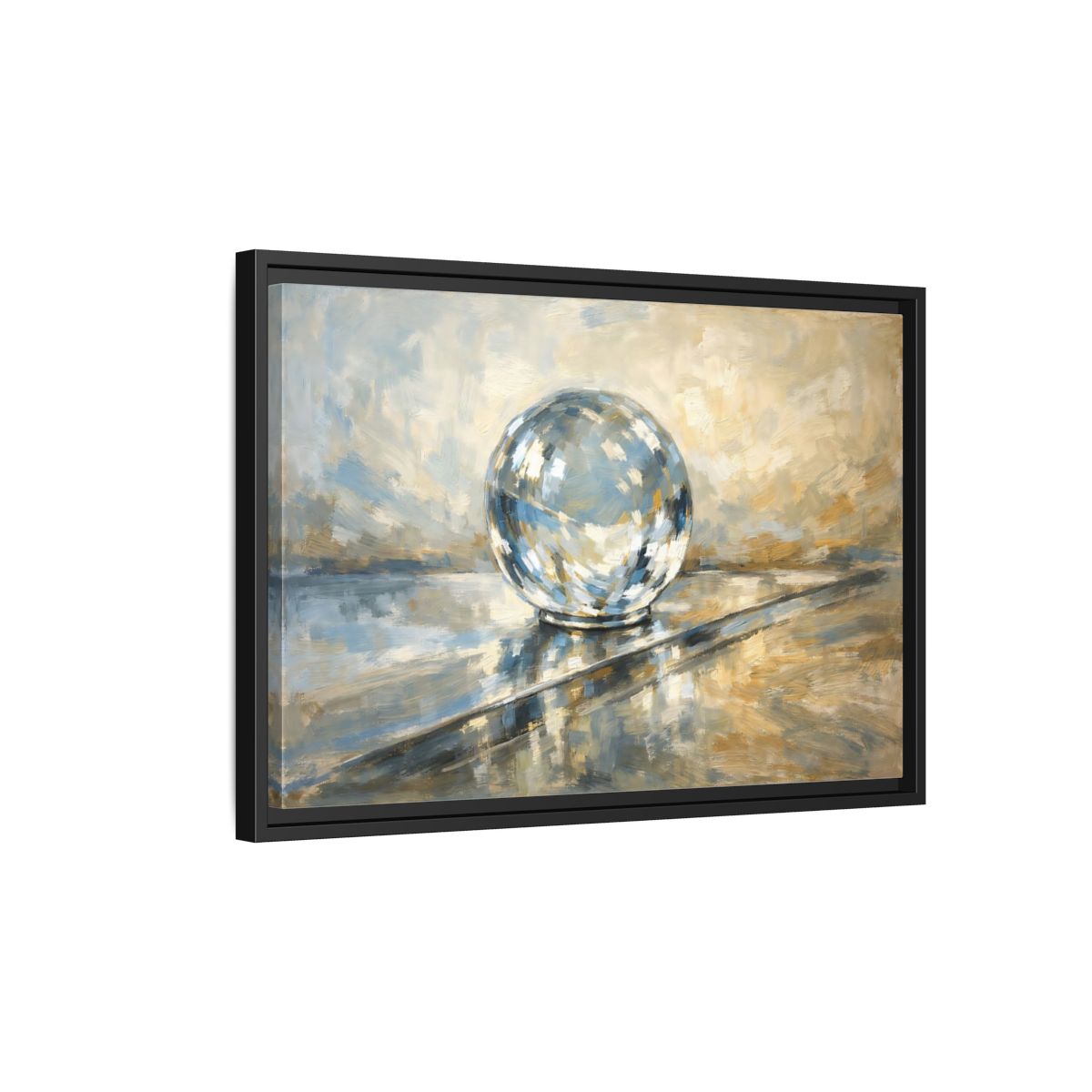 Side Mockup 3. Abstract Reflective Sphere Blue Gold Abstract Sphere shown as stretched canvas wall art