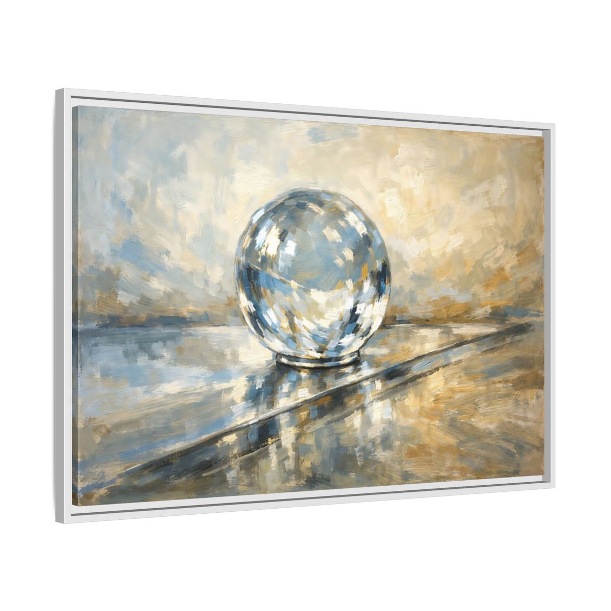 Side Mockup 8. Abstract Reflective Sphere Blue Gold Abstract Sphere shown as stretched canvas wall art