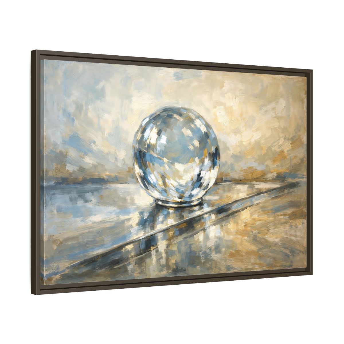 Side Mockup 9. Abstract Reflective Sphere Blue Gold Abstract Sphere shown as stretched canvas wall art