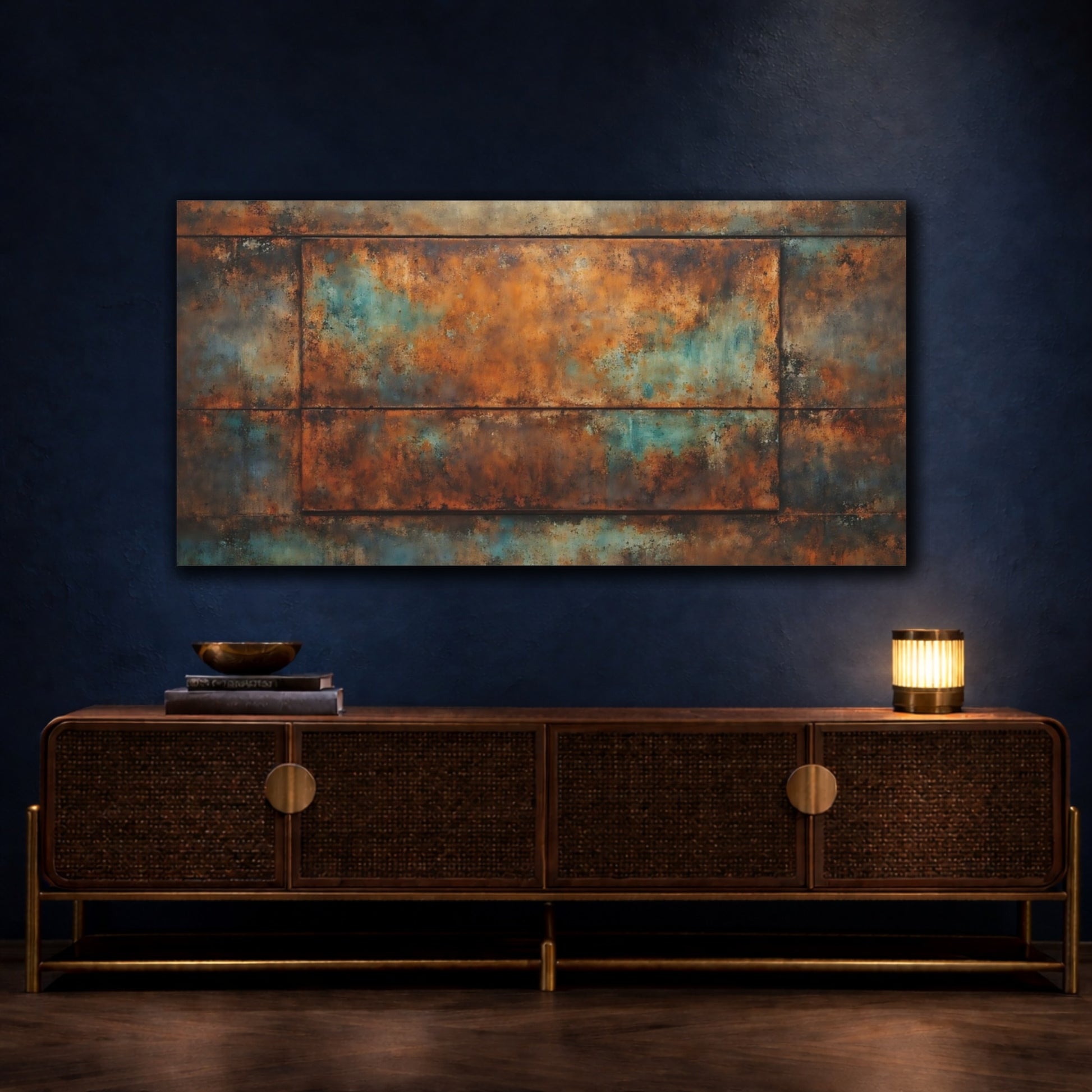 Mockup 4. Abstract Rust Texture Rust And Teal shown as stretched canvas wall art