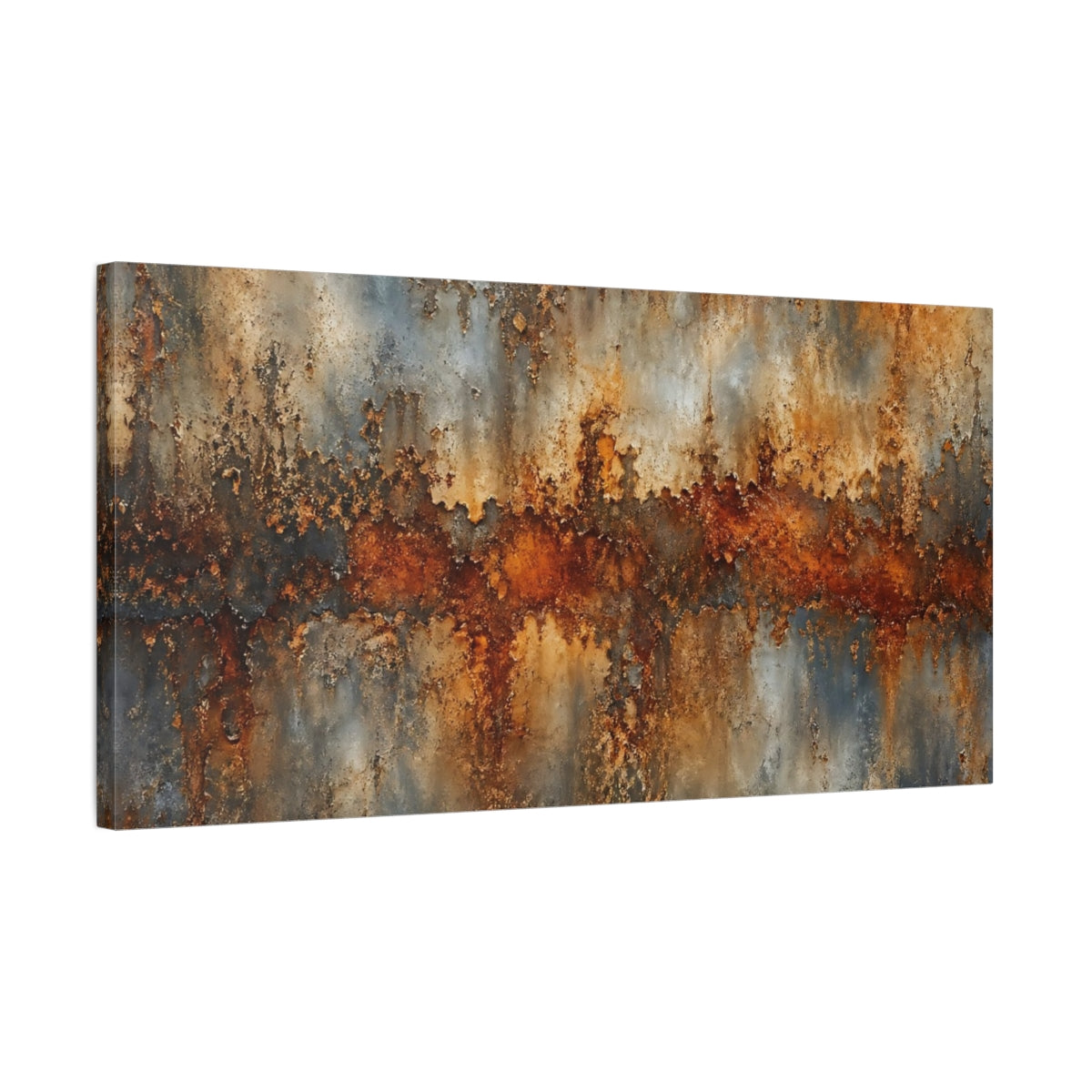 Side Mockup 1. Abstract Rusted Texture Rust And Grey shown as stretched canvas wall art