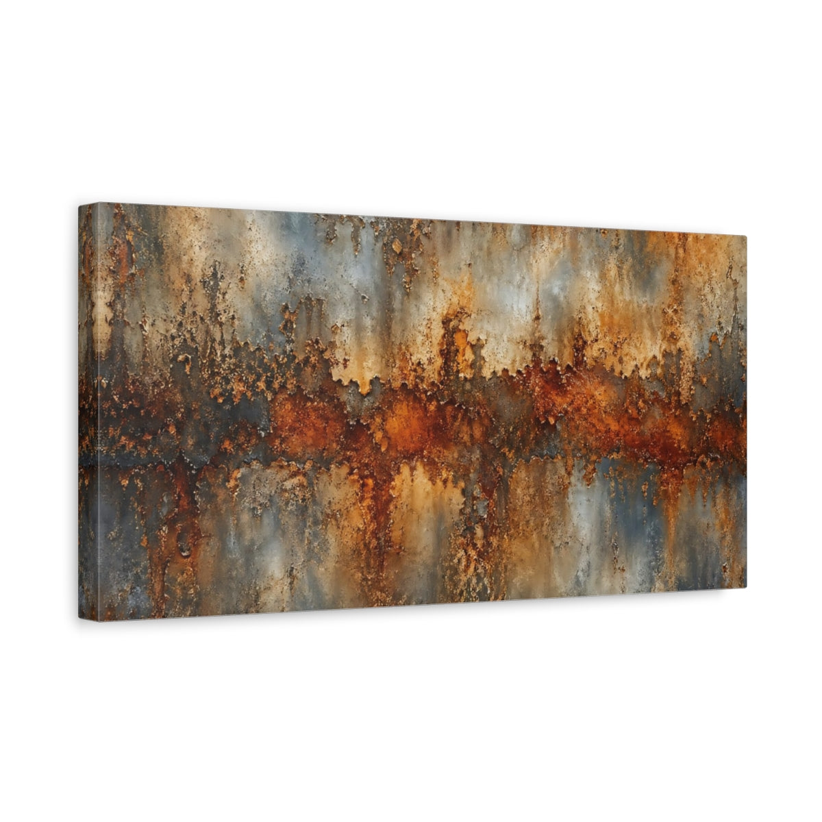 Side Mockup 3. Abstract Rusted Texture Rust And Grey shown as stretched canvas wall art