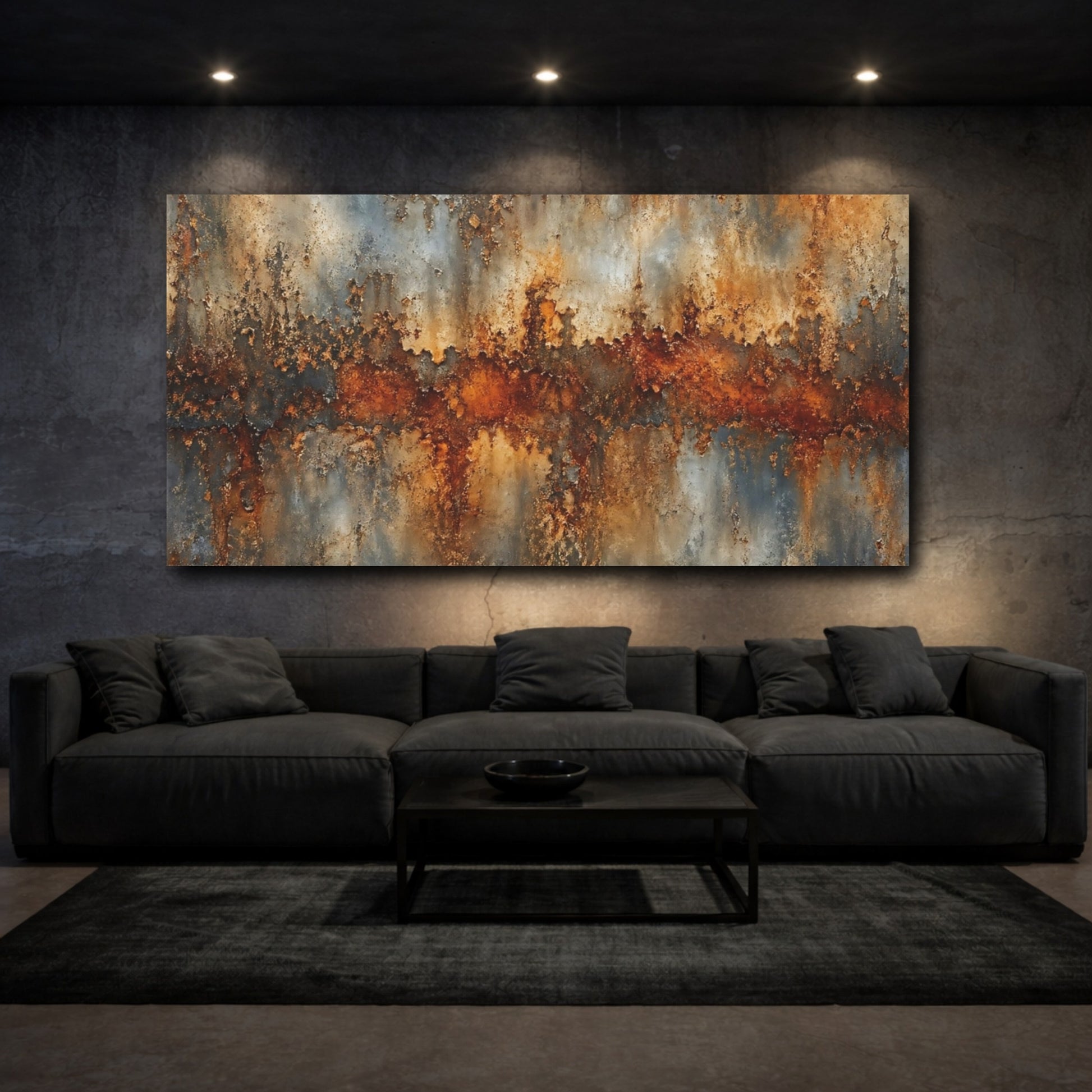 Mockup 2. Abstract Rusted Texture Rust And Grey shown as stretched canvas wall art