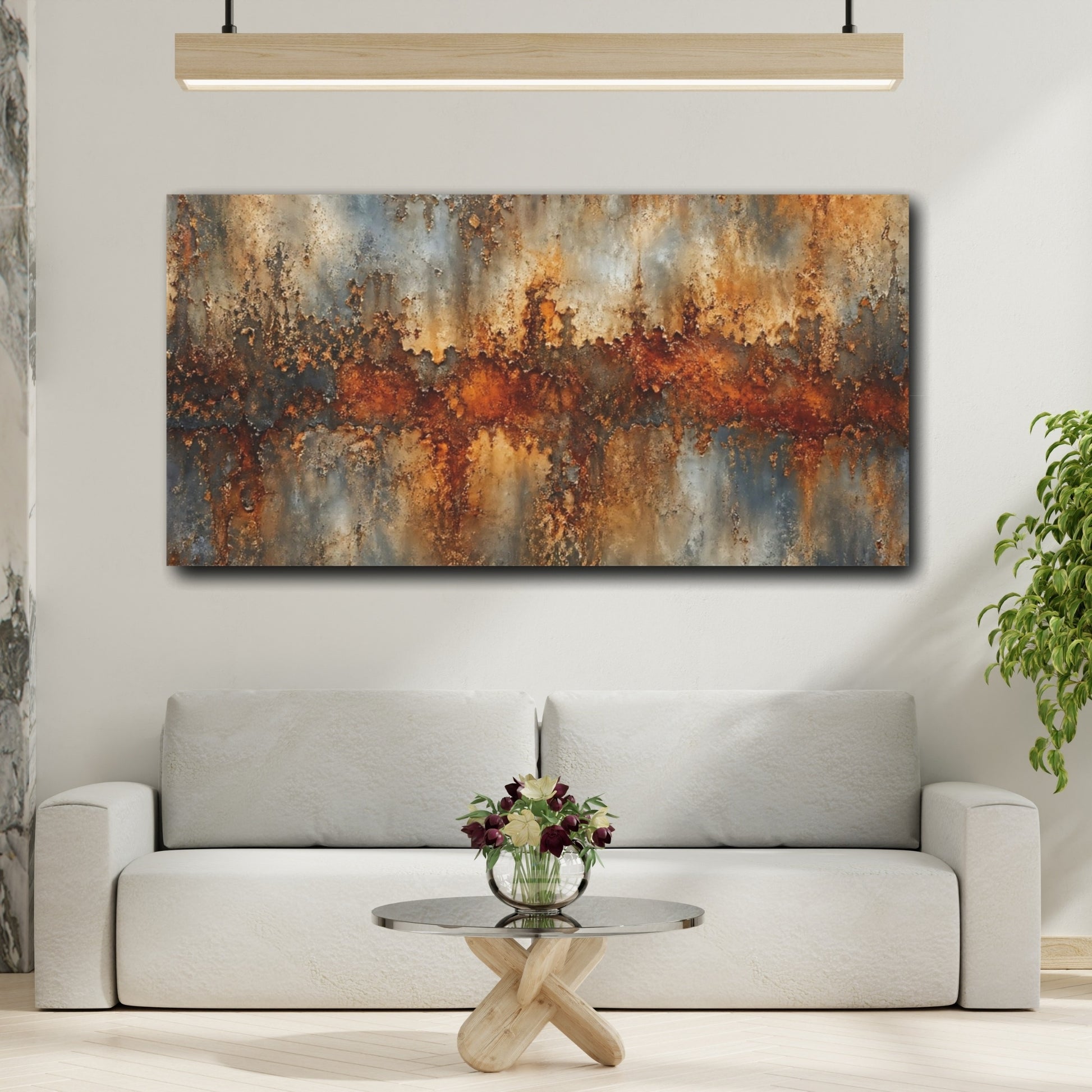 Mockup 3. Abstract Rusted Texture Rust And Grey shown as stretched canvas wall art