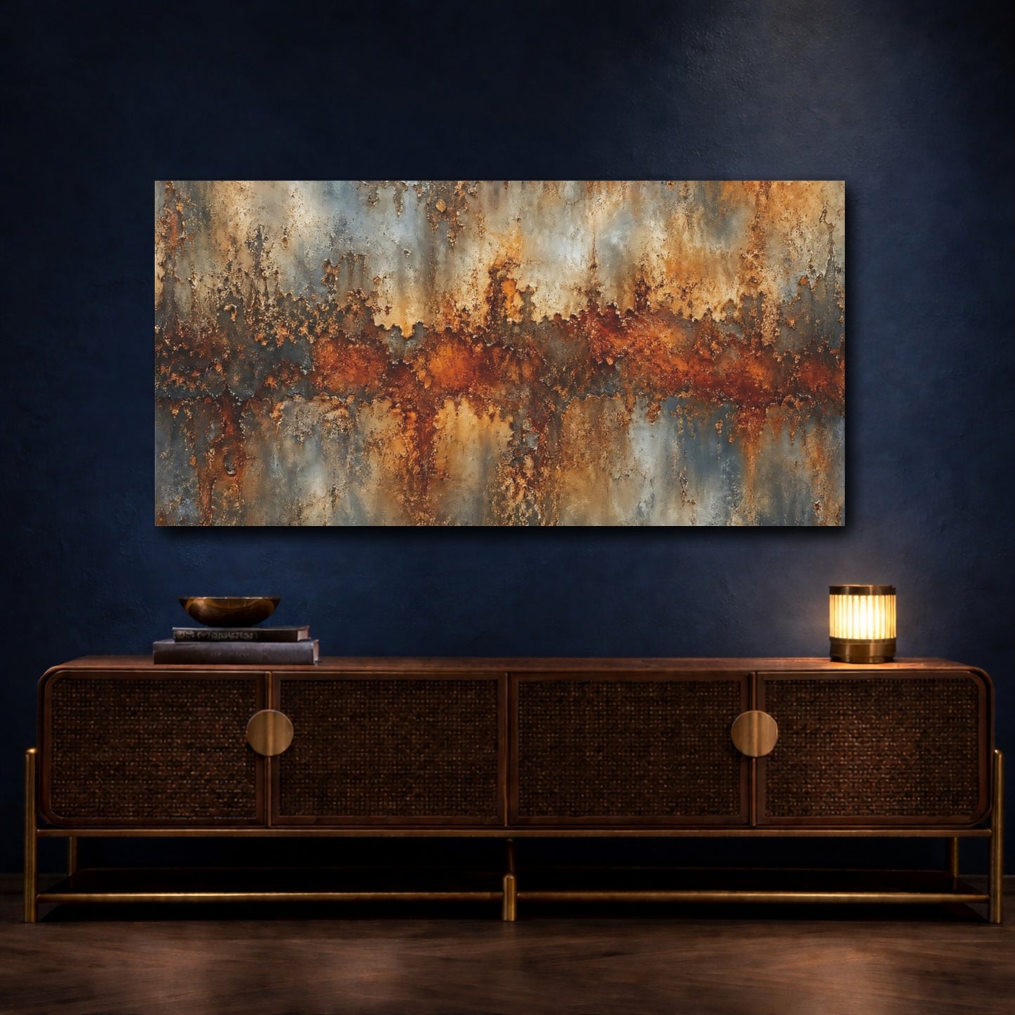 Mockup 4. Abstract Rusted Texture Rust And Grey shown as stretched canvas wall art