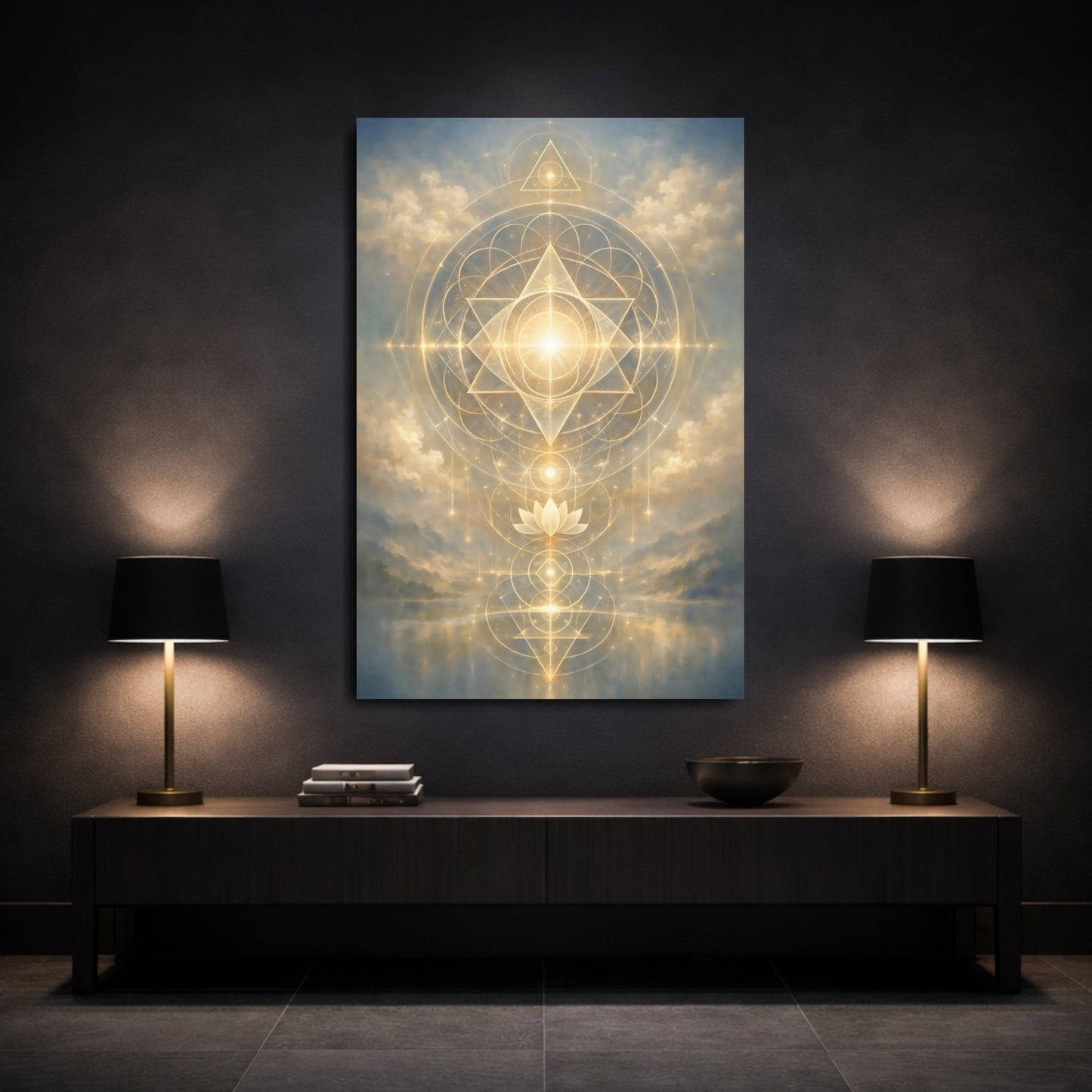 Abstract Sacred Geometry Golden Sacred Geometry shown as front canvas room wall art