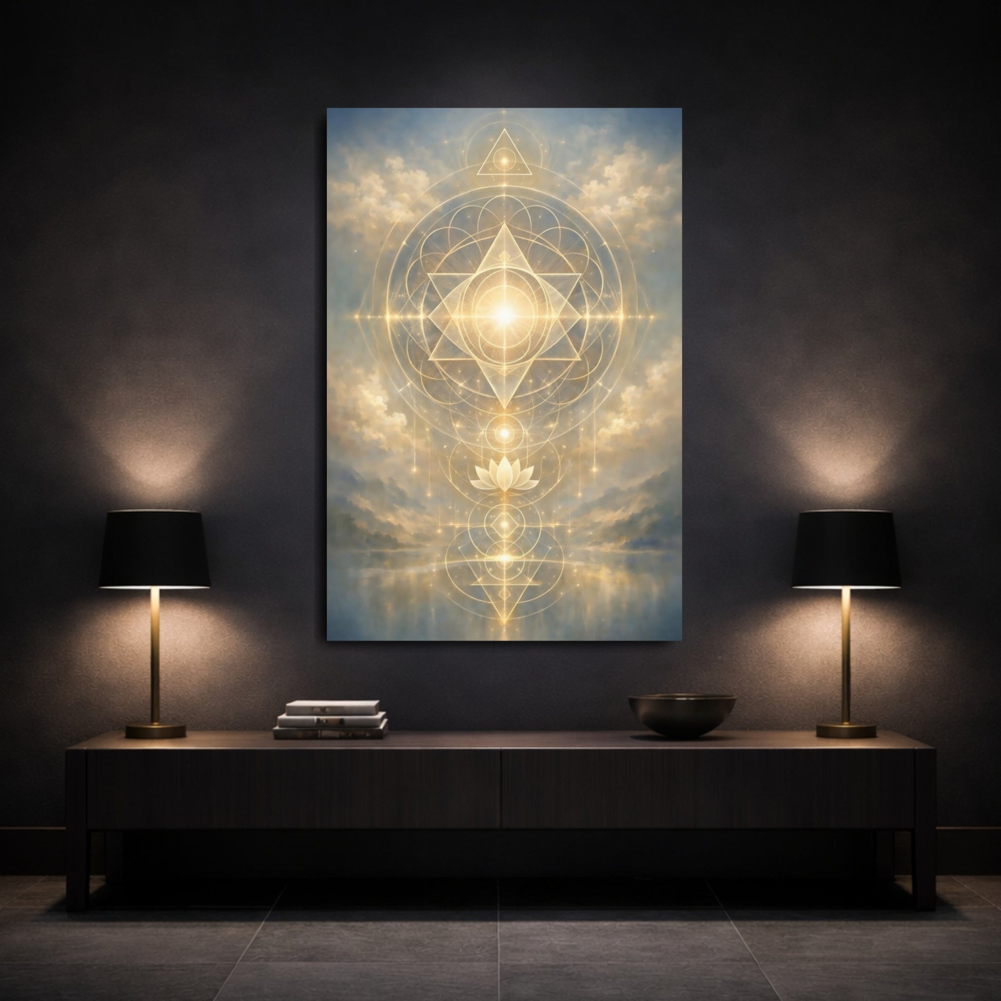 Abstract Sacred Geometry Golden Sacred Geometry shown as front canvas room wall art