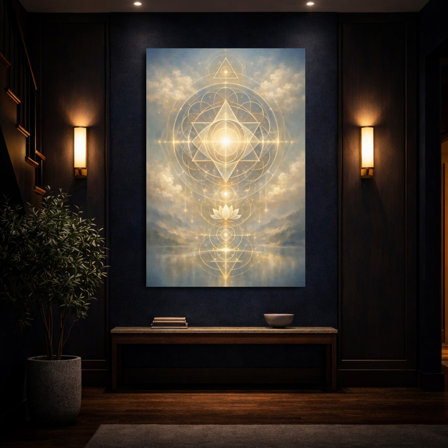 Abstract Sacred Geometry Golden Sacred Geometry shown as front canvas room wall art