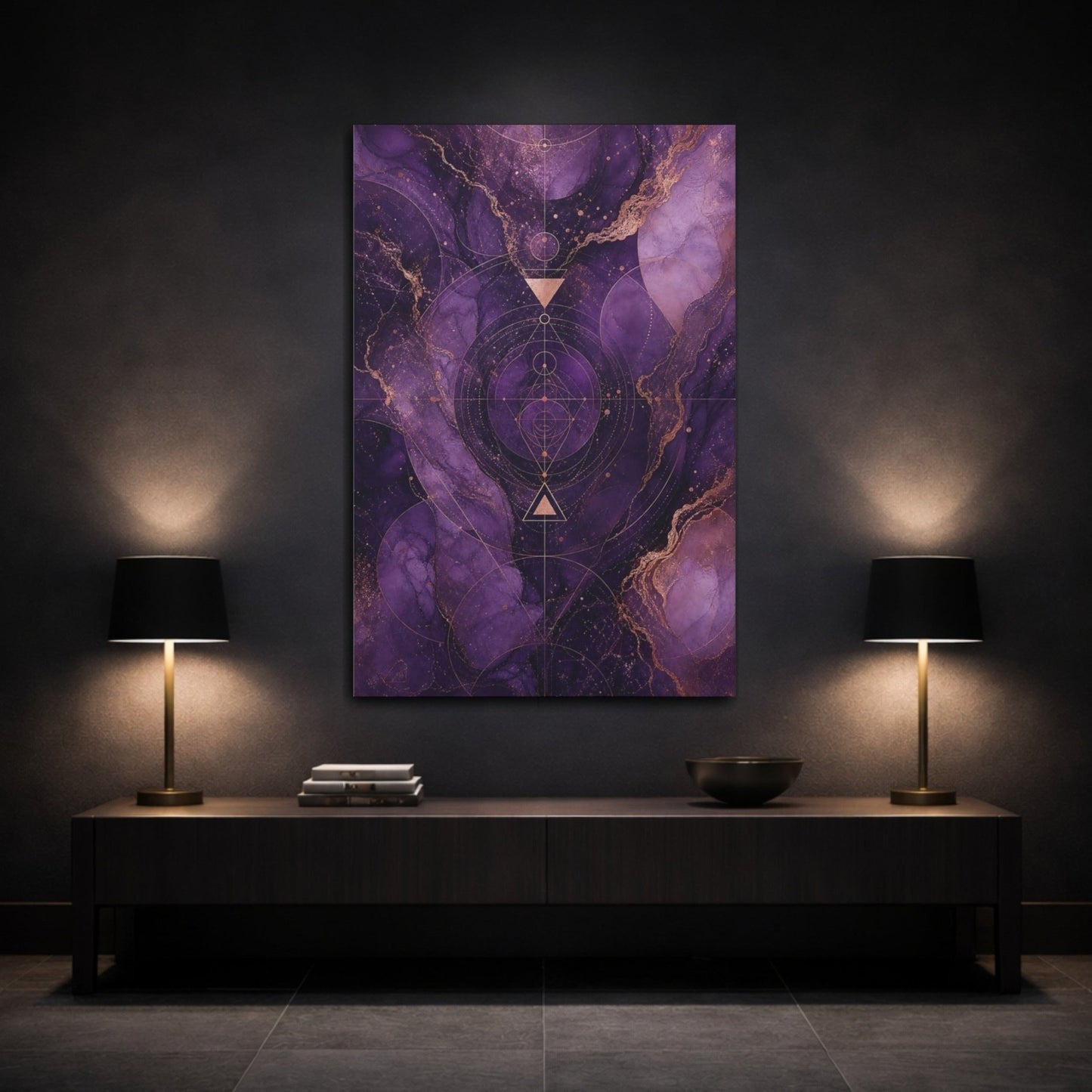 Abstract Sacred Geometry Purple And Gold Canvas Wall Art Print – Living Room, Above Sofa - YesArtYes