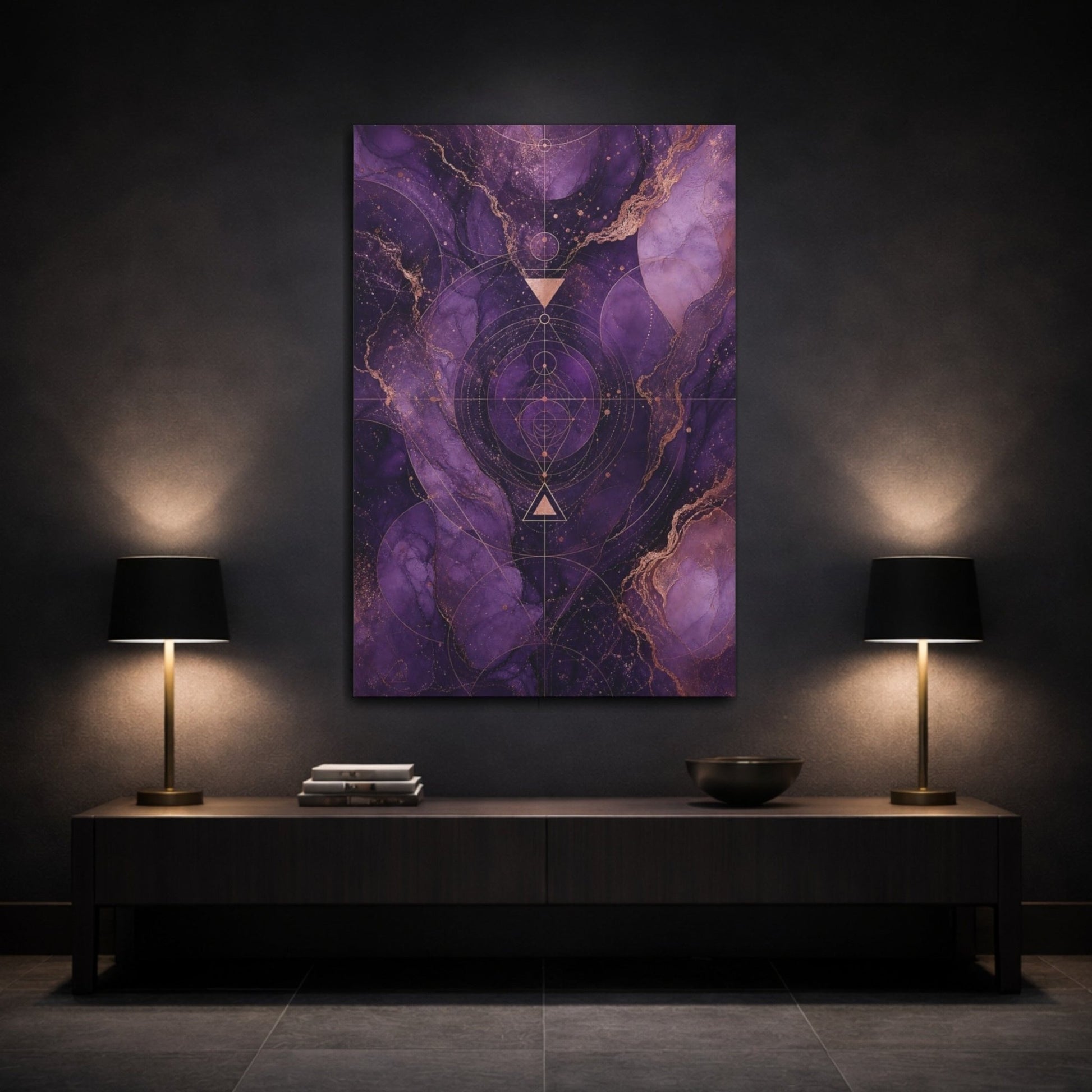 Abstract Sacred Geometry Purple And Gold Canvas Wall Art Print – Living Room, Above Sofa - YesArtYes