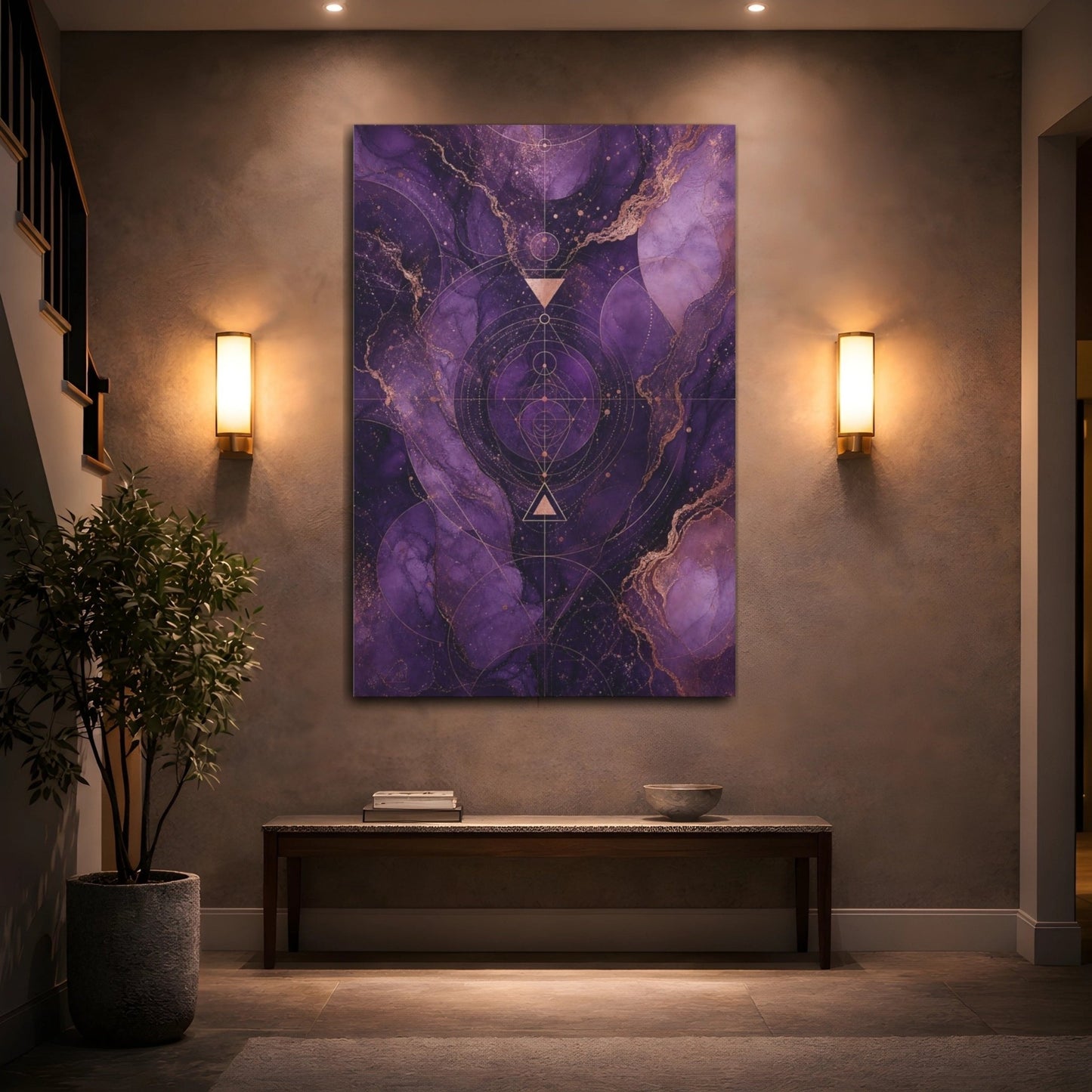 Abstract Sacred Geometry Purple And Gold Canvas Wall Art Print – Living Room, Above Sofa - YesArtYes