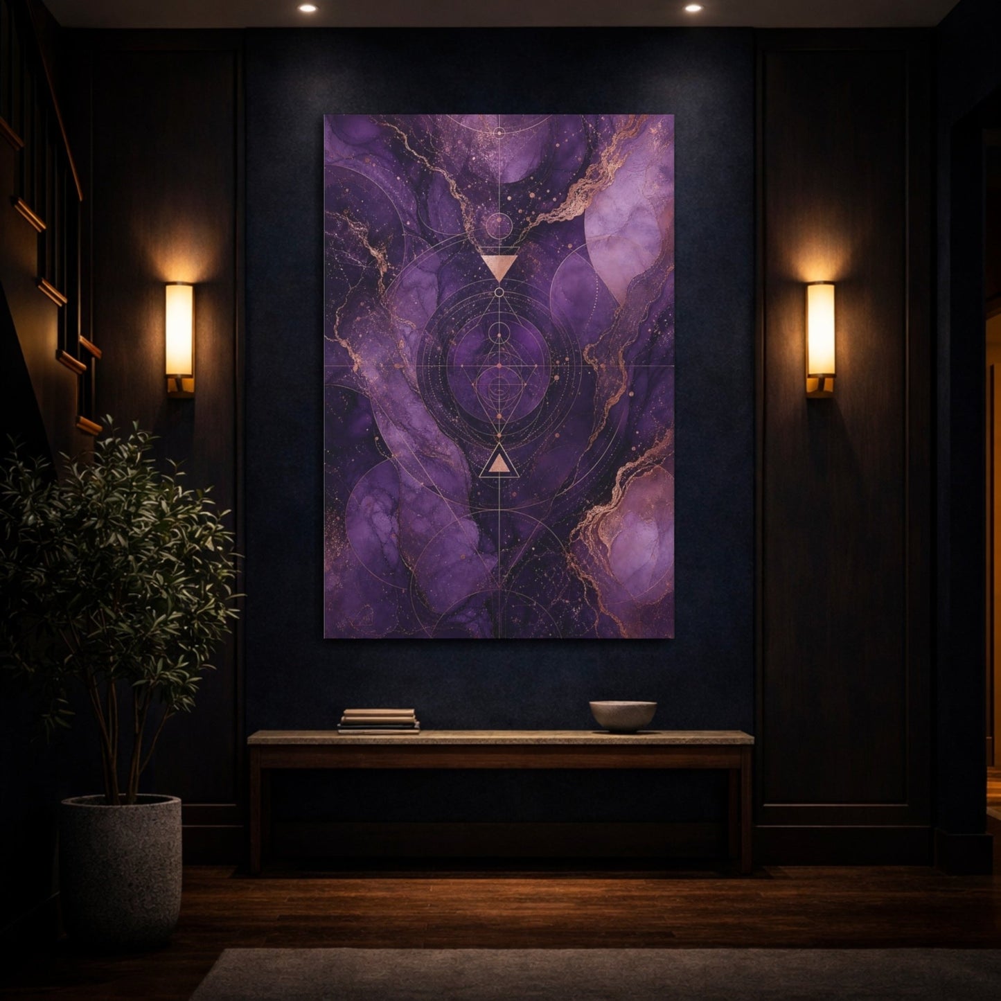 Abstract Sacred Geometry Purple And Gold Canvas Wall Art Print – Living Room, Above Sofa - YesArtYes