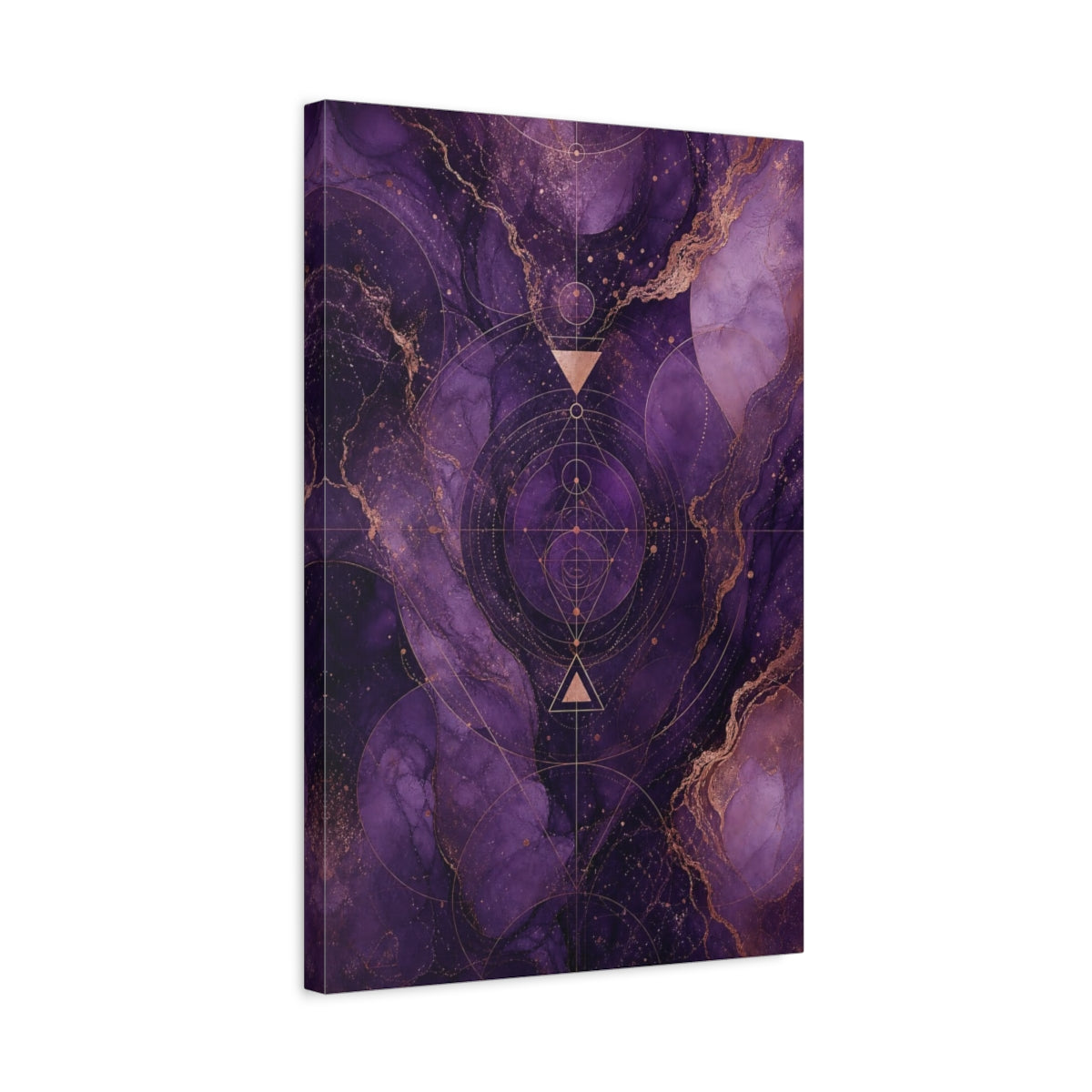 Side Mockup 3. Abstract Sacred Geometry Purple And Gold shown as stretched canvas wall art