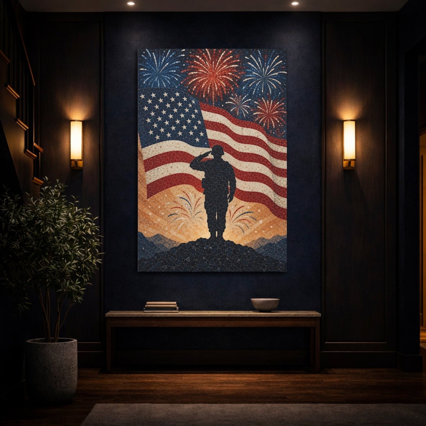 Abstract Saluting Soldier Red White Blue Canvas Print – Mosaic Decor for Living Room, Above Fireplace - YesArtYes