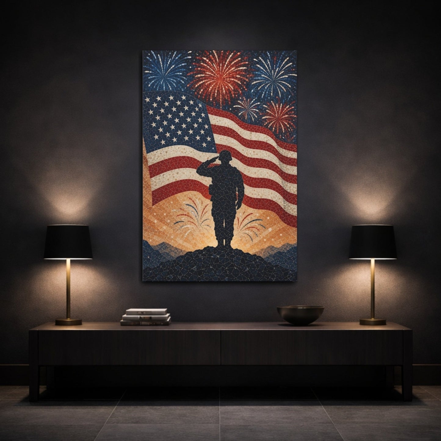Abstract Saluting Soldier Red White Blue Canvas Print – Mosaic Decor for Living Room, Above Fireplace - YesArtYes