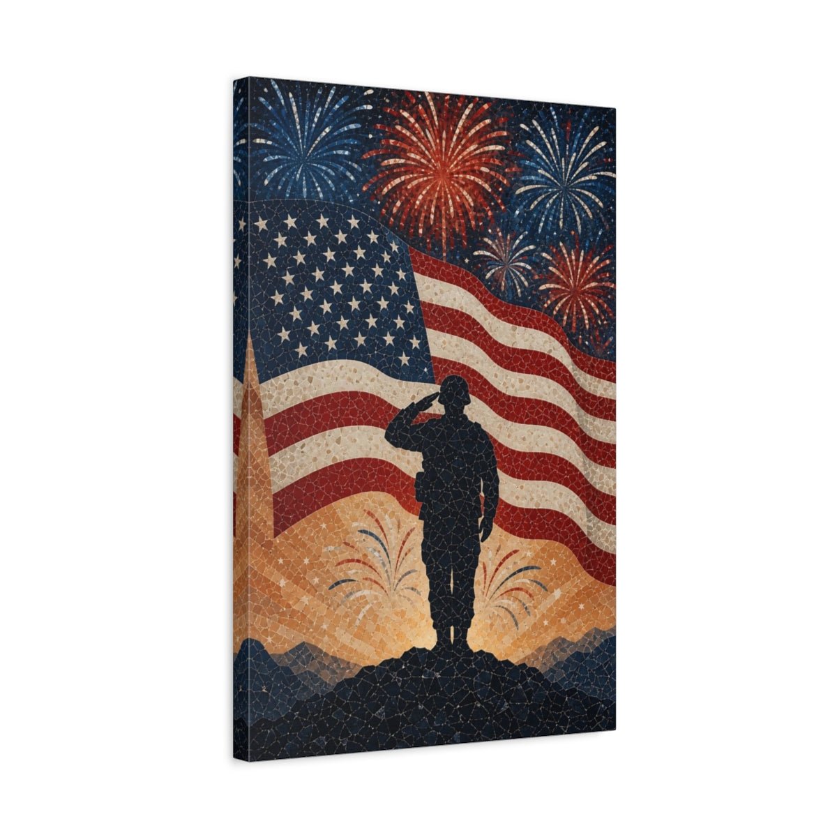 Abstract Saluting Soldier Red White Blue Canvas Print – Mosaic Decor for Living Room, Above Fireplace - YesArtYes