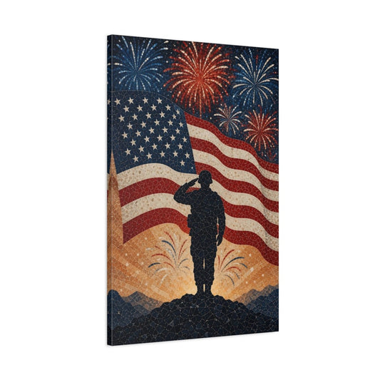 Abstract Saluting Soldier Red White Blue Canvas Print – Mosaic Decor for Living Room, Above Fireplace - YesArtYes
