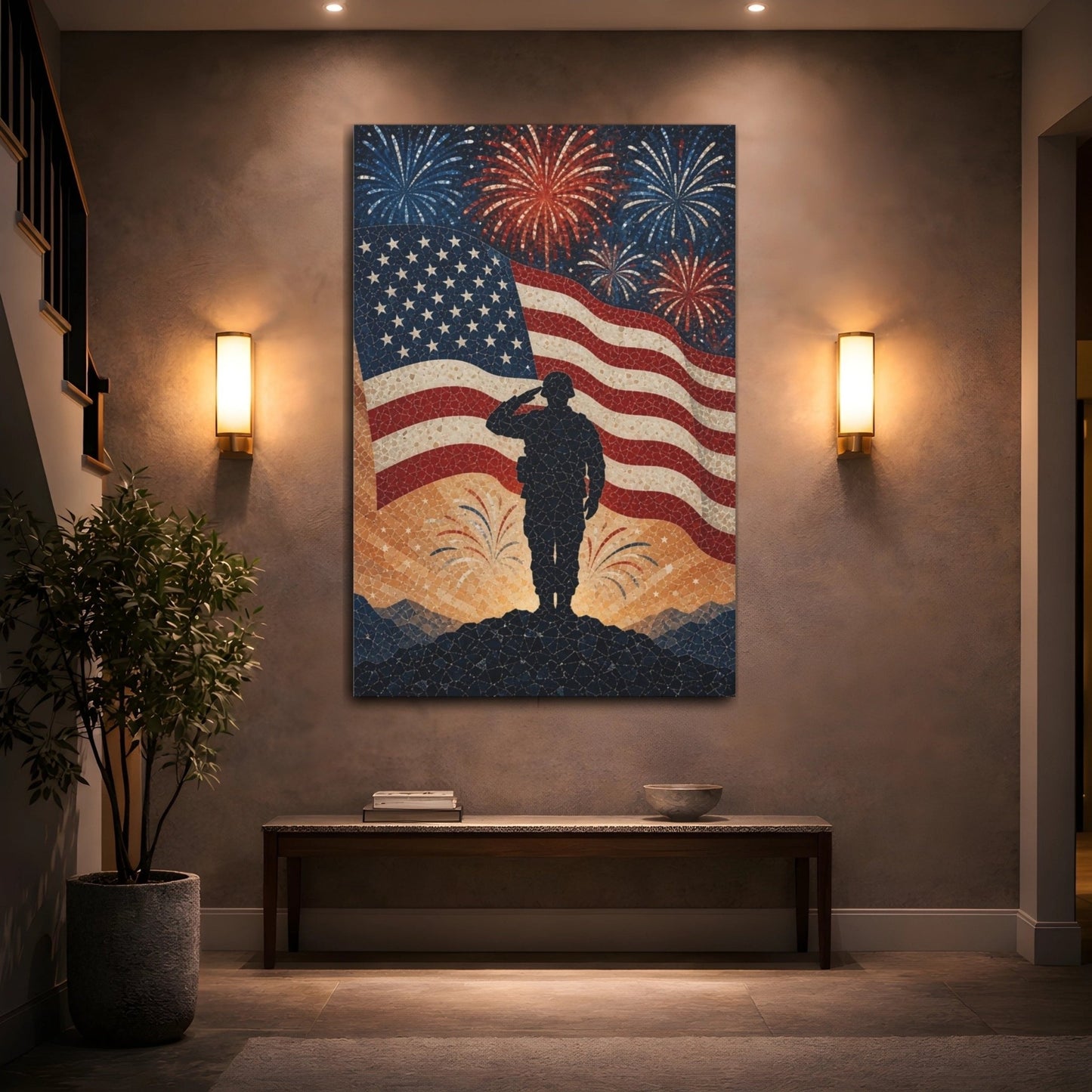 Abstract Saluting Soldier Red White Blue Canvas Print – Mosaic Decor for Living Room, Above Fireplace - YesArtYes