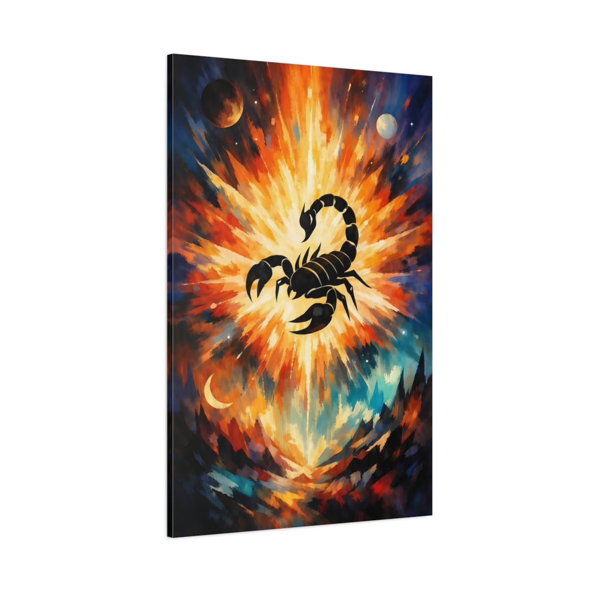 Main Mockup. Abstract Scorpion Orange And Blue Scorpion shown as stretched canvas wall art