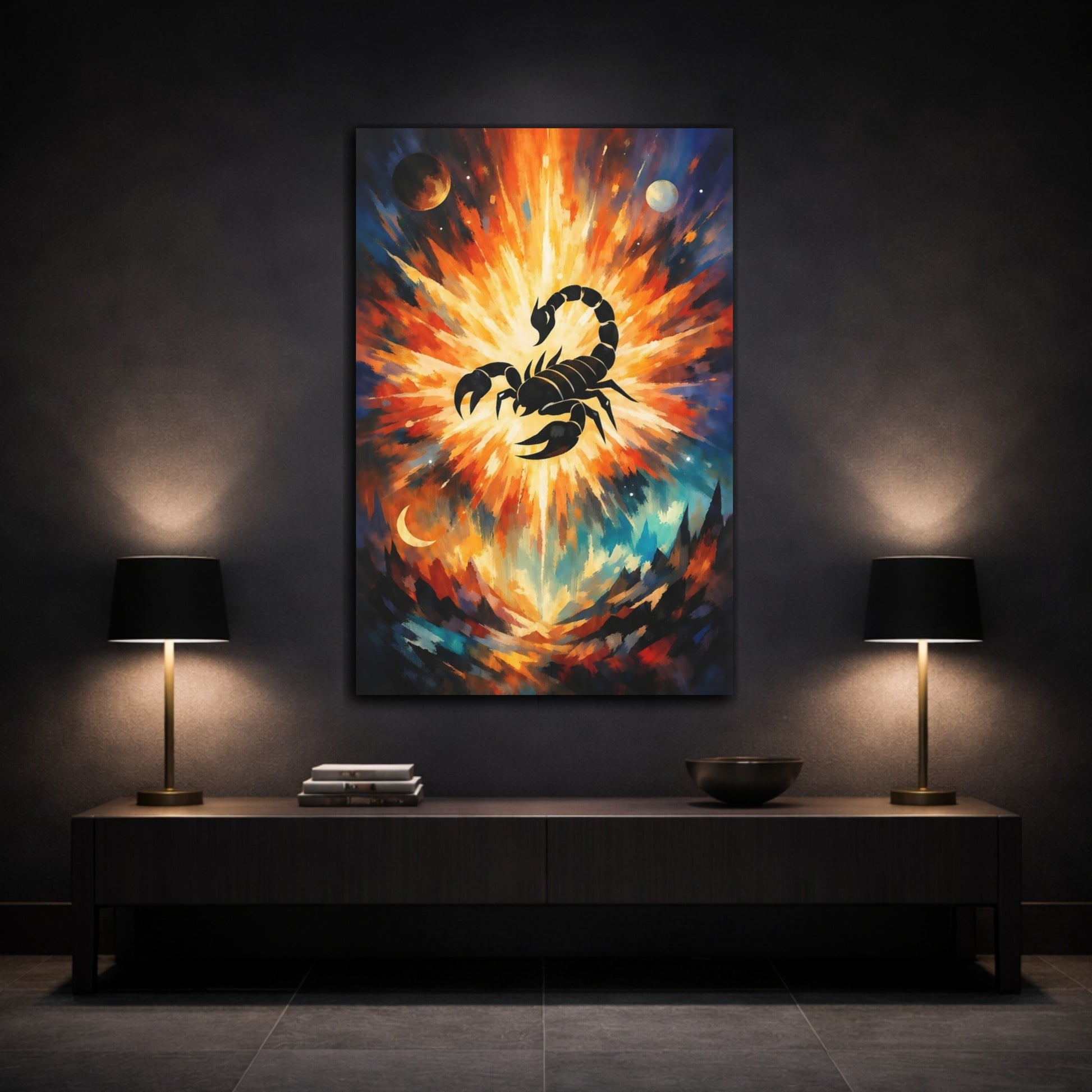 Mockup 2. Abstract Scorpion Orange And Blue Scorpion shown as stretched canvas wall art
