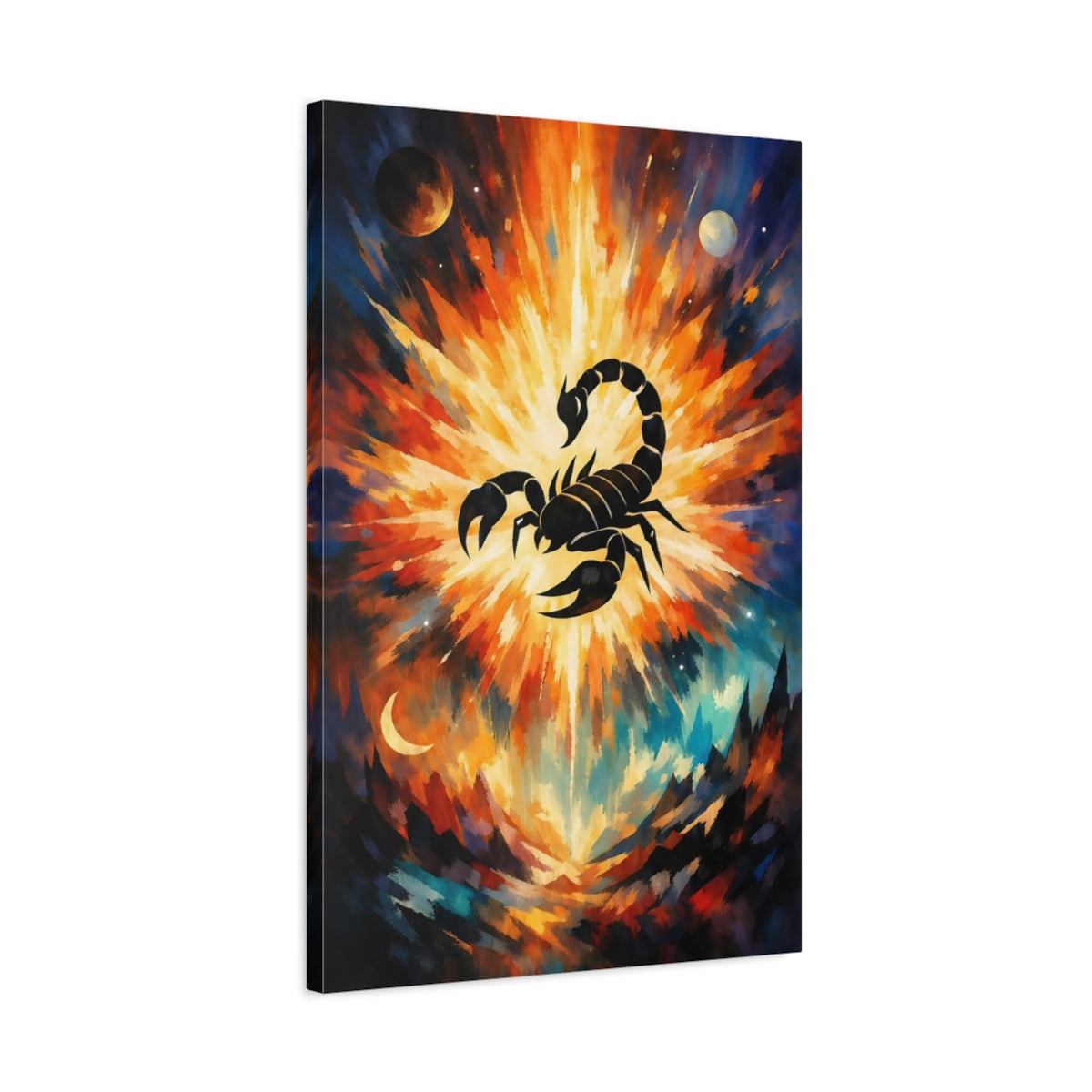 Side Mockup 2. Abstract Scorpion Orange And Blue Scorpion shown as stretched canvas wall art