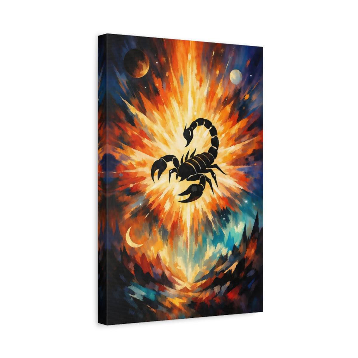 Side Mockup 4. Abstract Scorpion Orange And Blue Scorpion shown as stretched canvas wall art