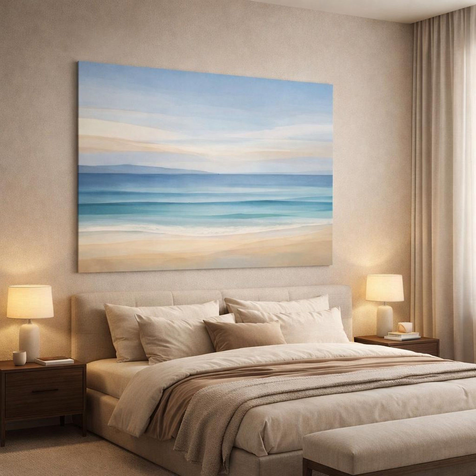 Abstract Seascape Beach shown as canvas wall art in a luxury bedroom