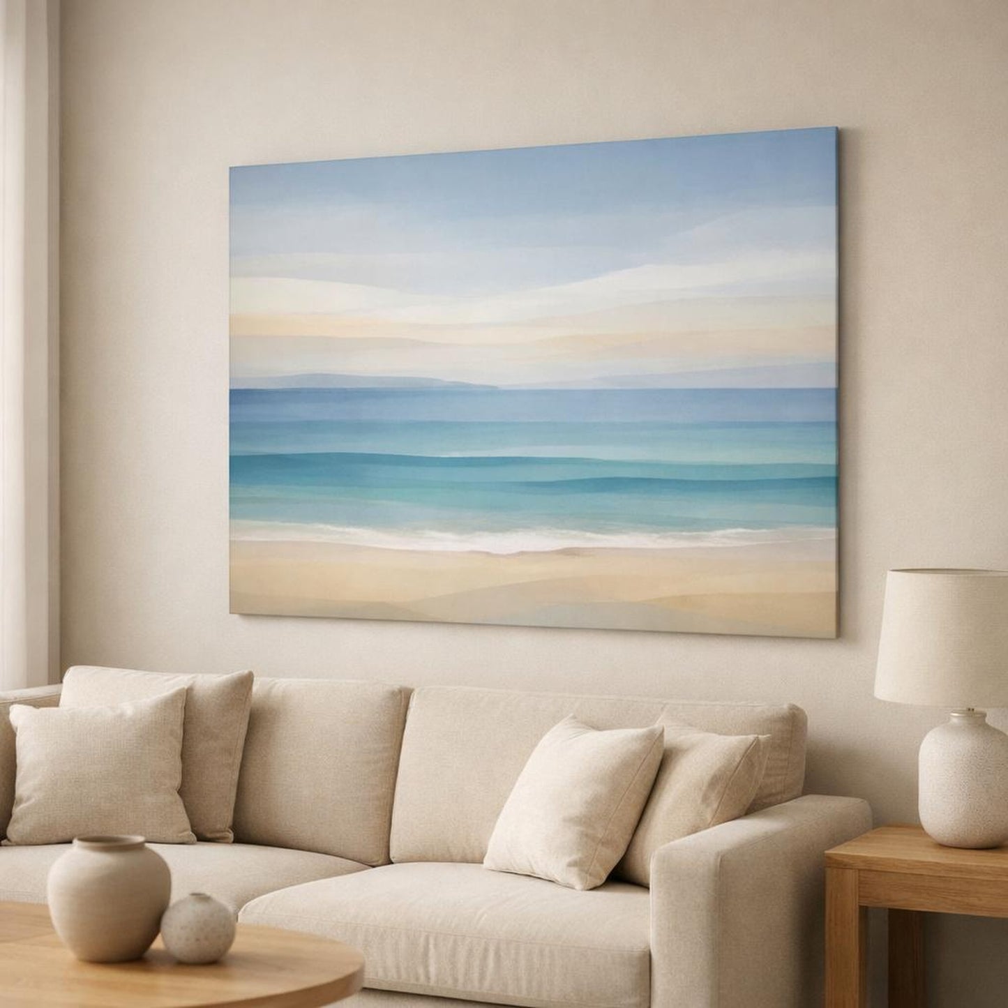 Abstract Seascape Beach shown as canvas wall art in a modern living room