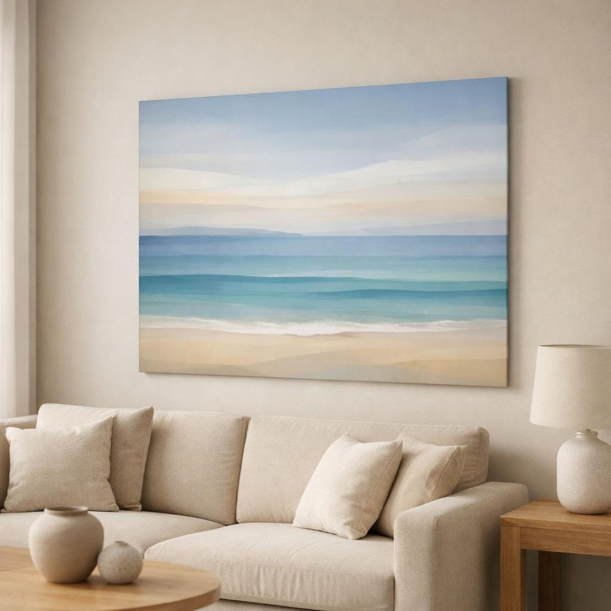 Abstract Seascape Beach shown as canvas wall art in a modern living room