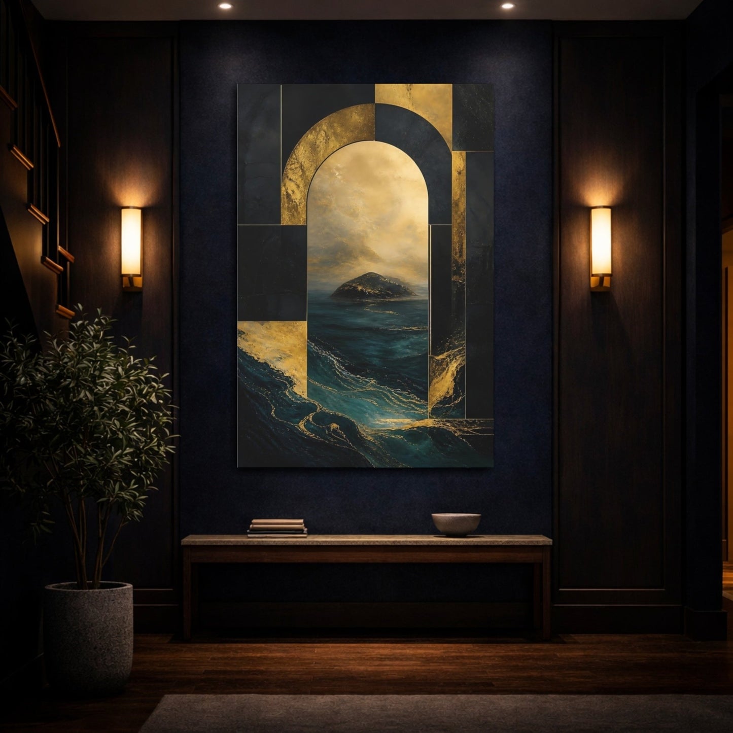 Abstract Seascape Gold And Teal Canvas Print – Luxury Decor for Living Room, Above Sofa - YesArtYes