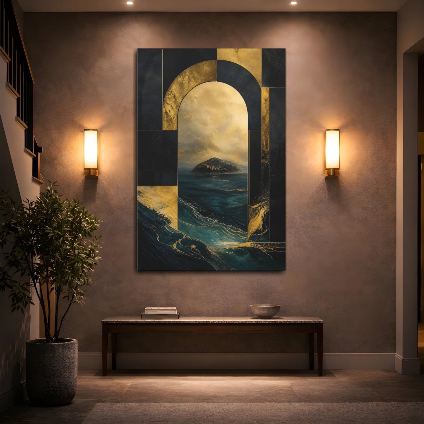 Abstract Seascape Gold And Teal Canvas Print – Luxury Decor for Living Room, Above Sofa - YesArtYes