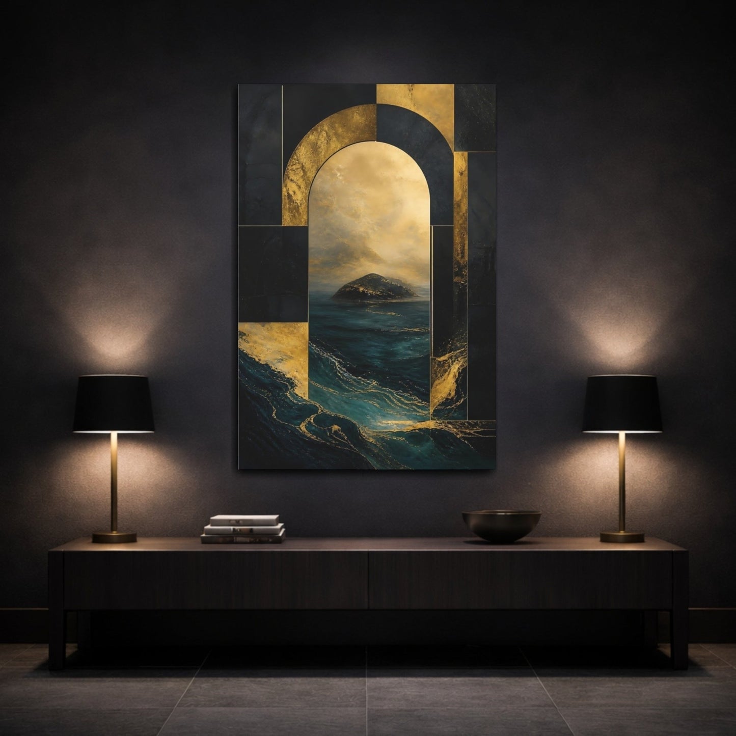 Abstract Seascape Gold And Teal Canvas Print – Luxury Decor for Living Room, Above Sofa - YesArtYes