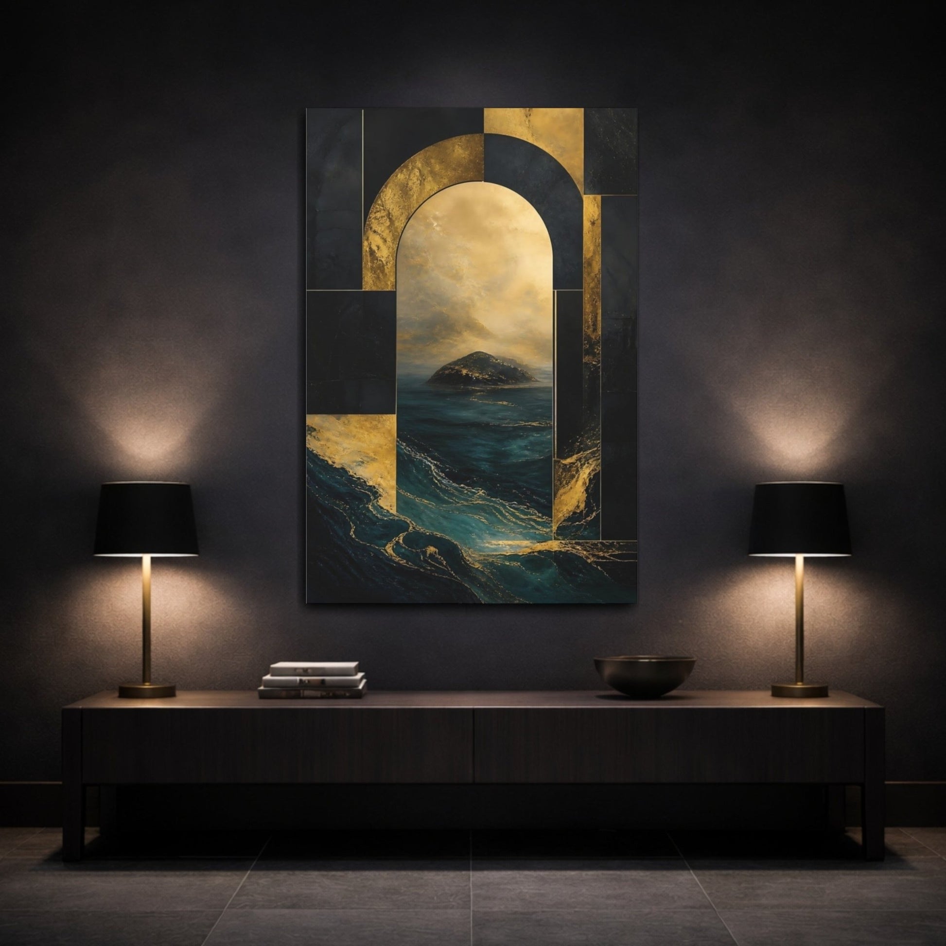 Abstract Seascape Gold And Teal Canvas Print – Luxury Decor for Living Room, Above Sofa - YesArtYes