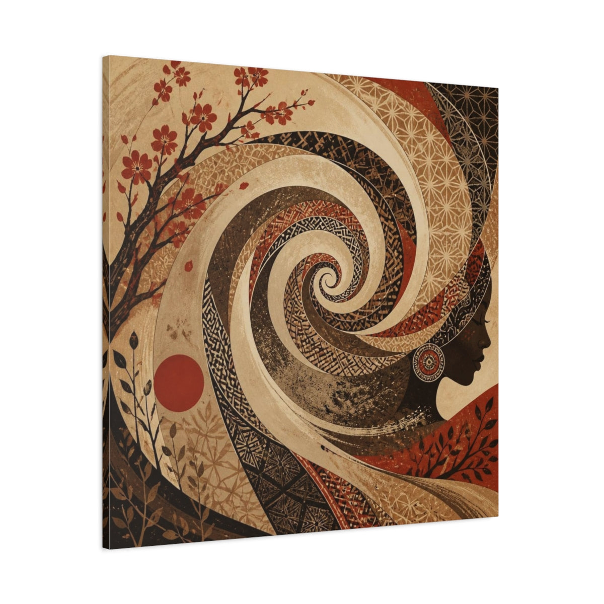 Side Mockup 1. Abstract Sepia Woman Spiral shown as canvas print