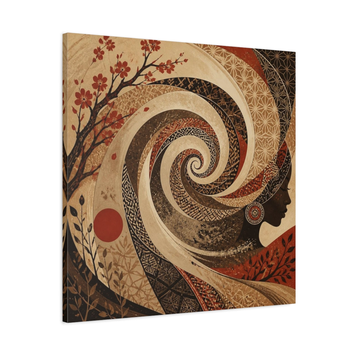 Side Mockup 3. Abstract Sepia Woman Spiral shown as canvas print